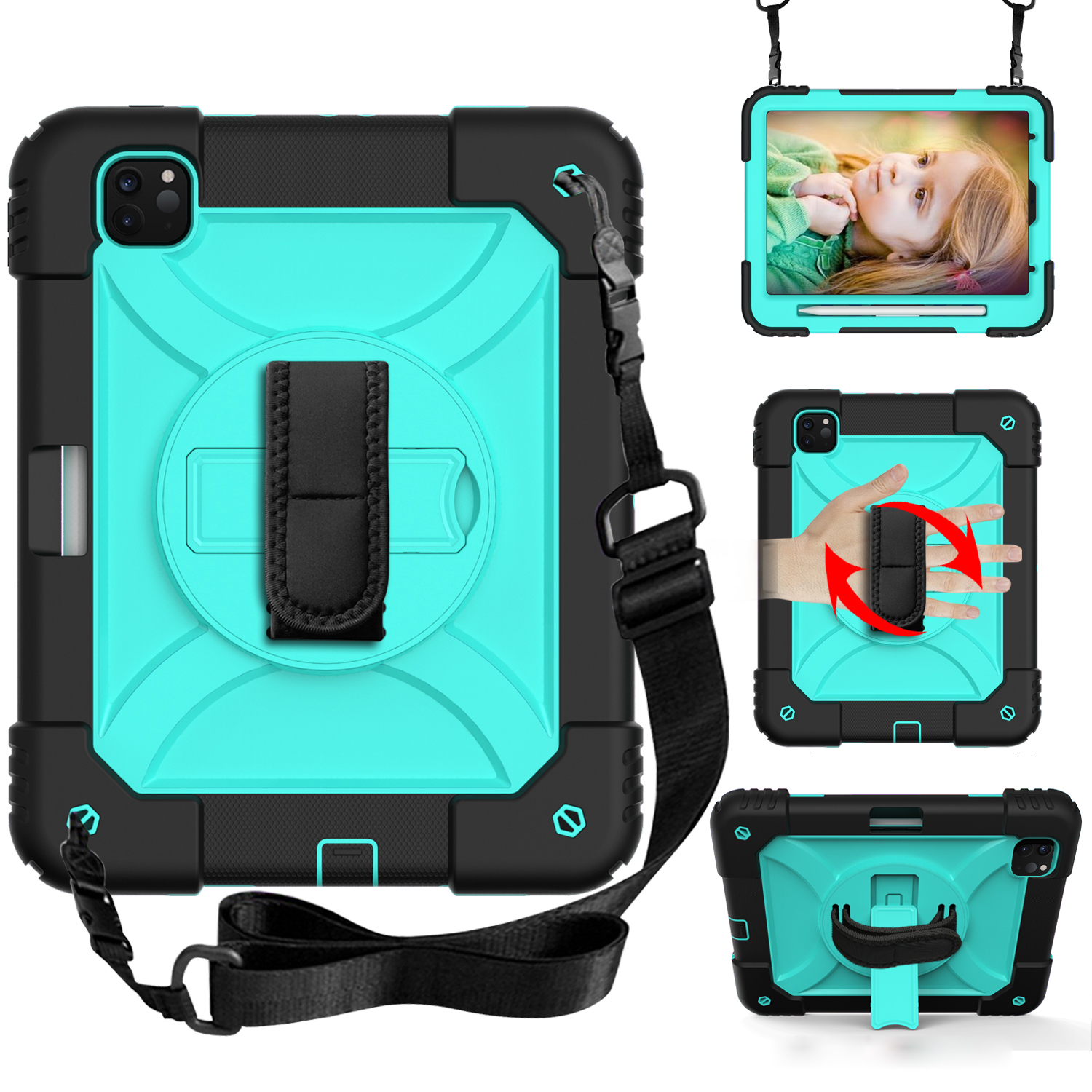 PC + TPU Shell with 360 Degree Swivel Kickstand Hand Strap and Shoulder Strap for iPad Pro 11-inch (2021)/(2020)/(2018) - Black/Cyan, iPad Pro 11-inch (2021)
PC + TPU Shell with 360 Degree Swivel Kickstand Hand Strap and Shoulder Strap for iPad Pro 11-inch (2021)/(2020)/(2018) - Black/Cyan, iPad Pro 11-inch (2021)