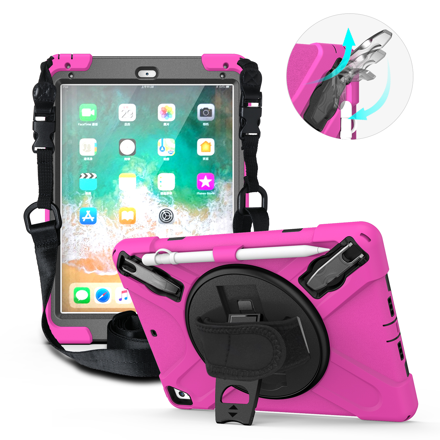 360° Swivel Kickstand PC + Silicone Combo Tablet Case with Handy Strap and Shoulder Strap for iPad 9.7-inch (2018) - Rose, iPad 9.7-inch (2018)
360° Swivel Kickstand PC + Silicone Combo Tablet Case with Handy Strap and Shoulder Strap for iPad 9.7-inch (2018) - Rose, iPad 9.7-inch (2018)