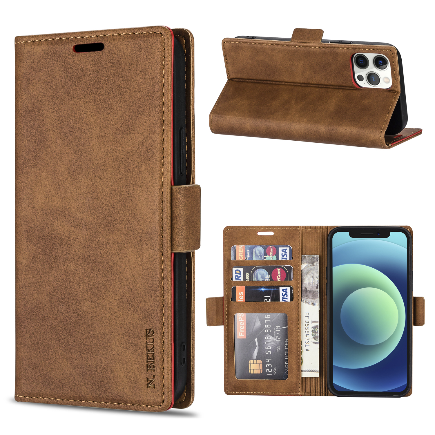 N.BEKUS TPU + PU Leather Wallet Stand Protective Phone Case for iPhone 12/12 Pro - Brown, iPhone 12
N.BEKUS TPU + PU Leather Wallet Stand Protective Phone Case for iPhone 12/12 Pro - Brown, iPhone 12