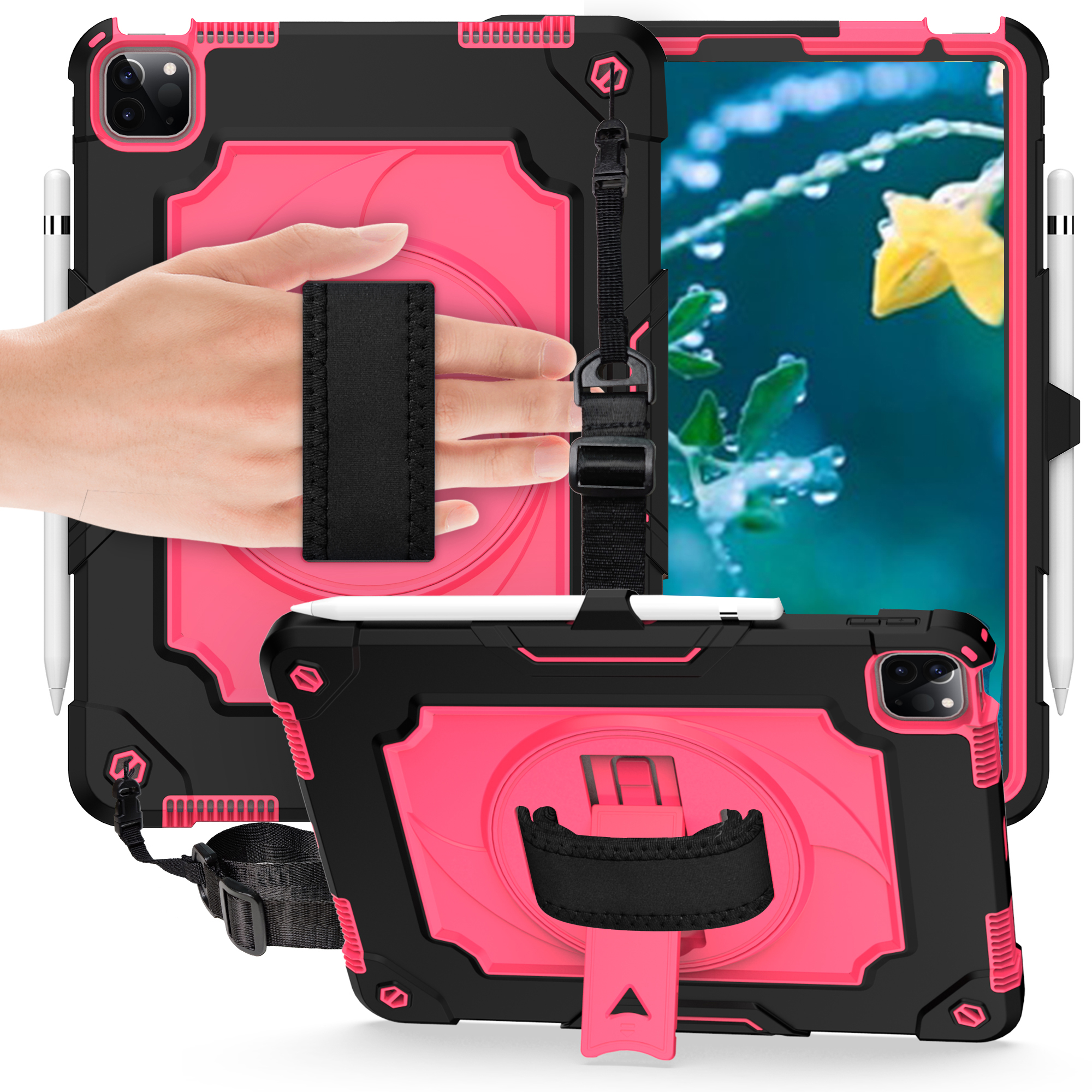 PC + Silicone Tablet Protective Case with 360° Swivel Hand Strap for iPad Air (2020)/Air (2022)/iPad Pro 11-inch (2021)(2020)(2018) - Black/Rose, iPad Pro 11-inch (2021)
PC + Silicone Tablet Protective Case with 360° Swivel Hand Strap for iPad Air (2020)/Air (2022)/iPad Pro 11-inch (2021)(2020)(2018) - Black/Rose, iPad Pro 11-inch (2021)