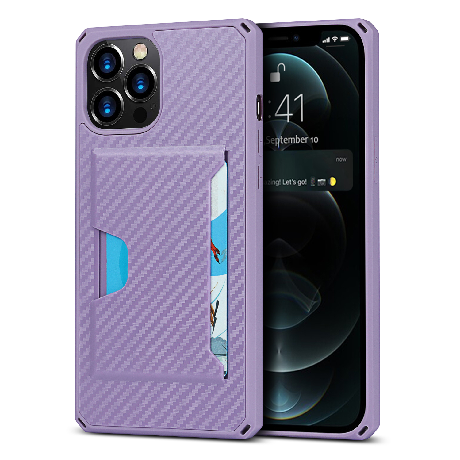 Carbon Fiber Skin Shockproof Leather Cell Phone Case Shell with Card Holder for iPhone 12 /12 Pro - Purple, iPhone 12
Carbon Fiber Skin Shockproof Leather Cell Phone Case Shell with Card Holder for iPhone 12 /12 Pro - Purple, iPhone 12