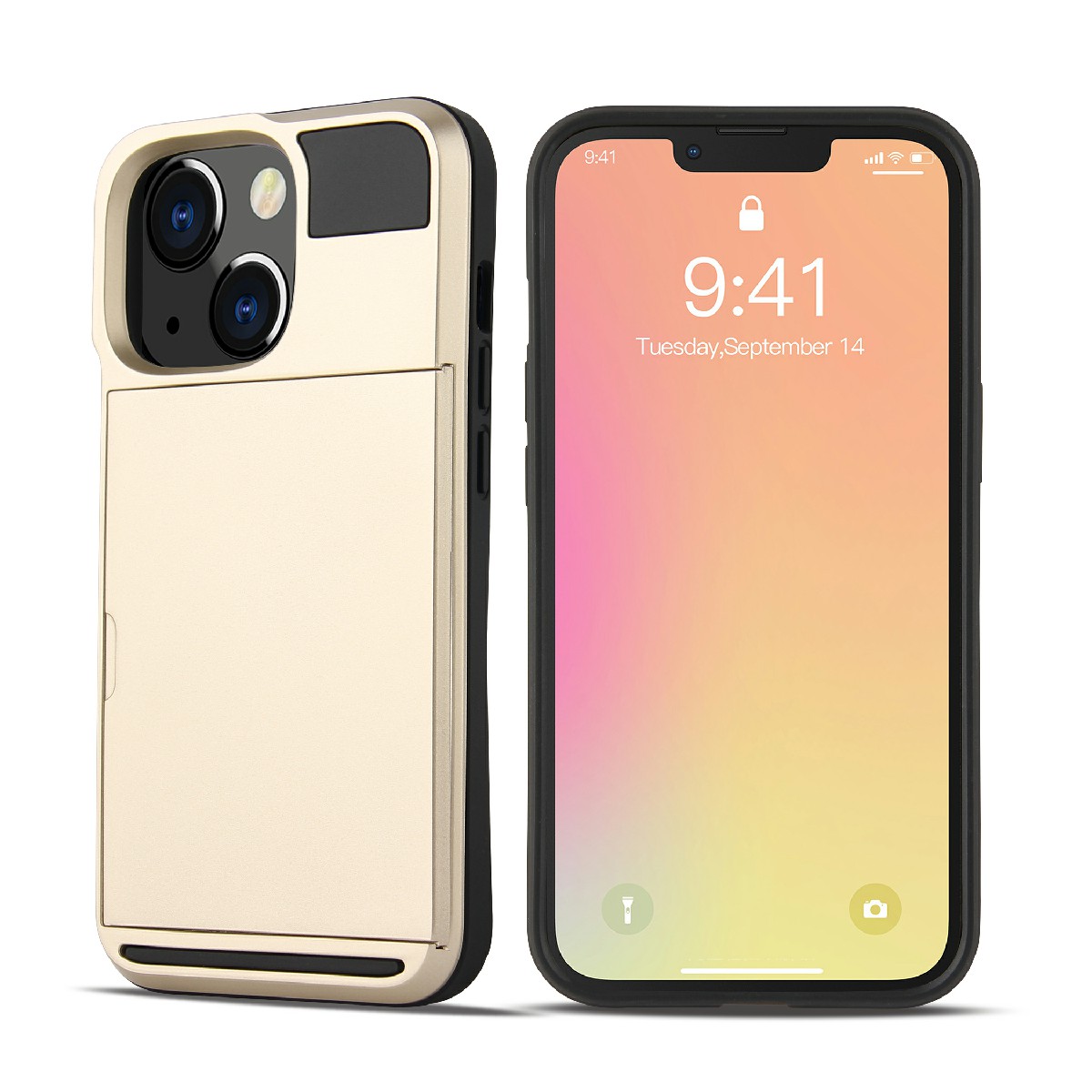 TPU + PC Hybrid Phone Case Protective Cover with Slide Card Holder for iPhone 13 Pro Max 6.7 inch - Gold, iPhone 13 Pro Max
TPU + PC Hybrid Phone Case Protective Cover with Slide Card Holder for iPhone 13 Pro Max 6.7 inch - Gold, iPhone 13 Pro Max