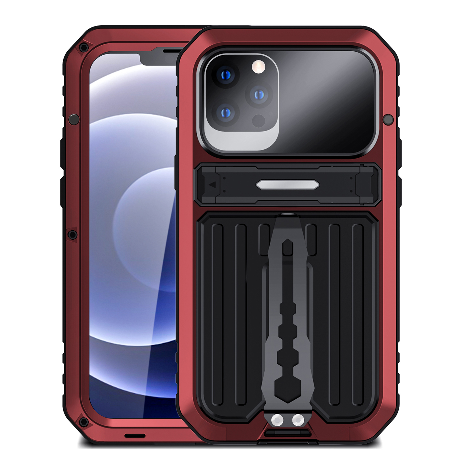 TPU+Metal Hybrid Case Drop-proof Phone Cover with Tempered Glass Film and Folding Kickstand for iPhone 12 Pro Max 6.7 inch - Red, iPhone 12 Pro Max
TPU+Metal Hybrid Case Drop-proof Phone Cover with Tempered Glass Film and Folding Kickstand for iPhone 12 Pro Max 6.7 inch - Red, iPhone 12 Pro Max