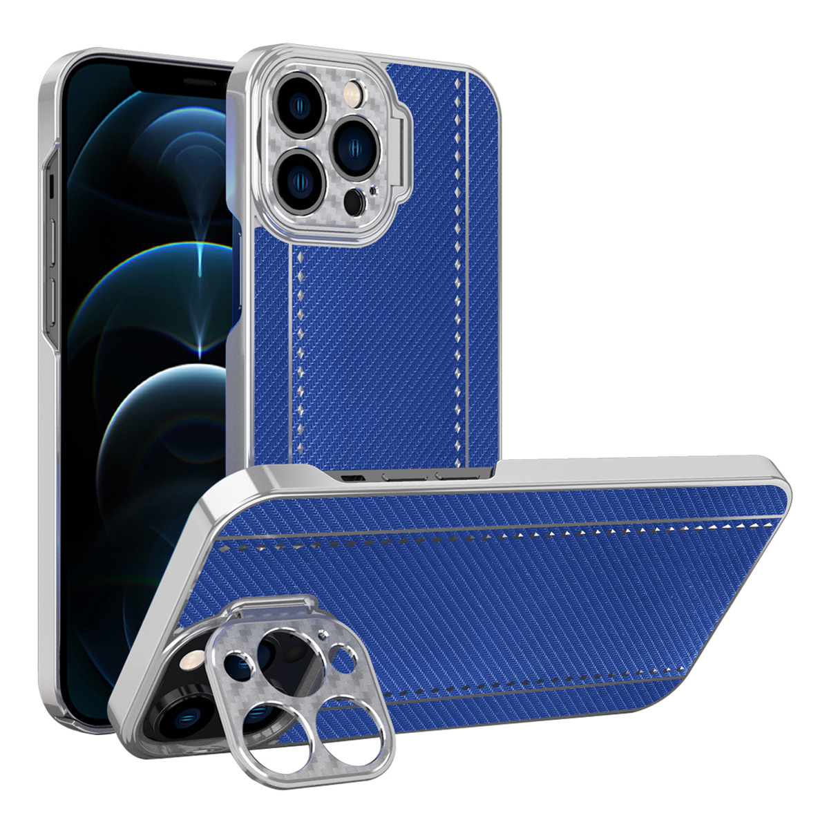 For iPhone 12 Pro Max 6.7 inch Kickstand Design Kevlar and Carbon Fiber Texture Anti-fall Electroplating Frame PU Leather Coated PC Cover - Blue, iPhone 12 Pro Max
For iPhone 12 Pro Max 6.7 inch Kickstand Design Kevlar and Carbon Fiber Texture Anti-fall Electroplating Frame PU Leather Coated PC Cover - Blue, iPhone 12 Pro Max