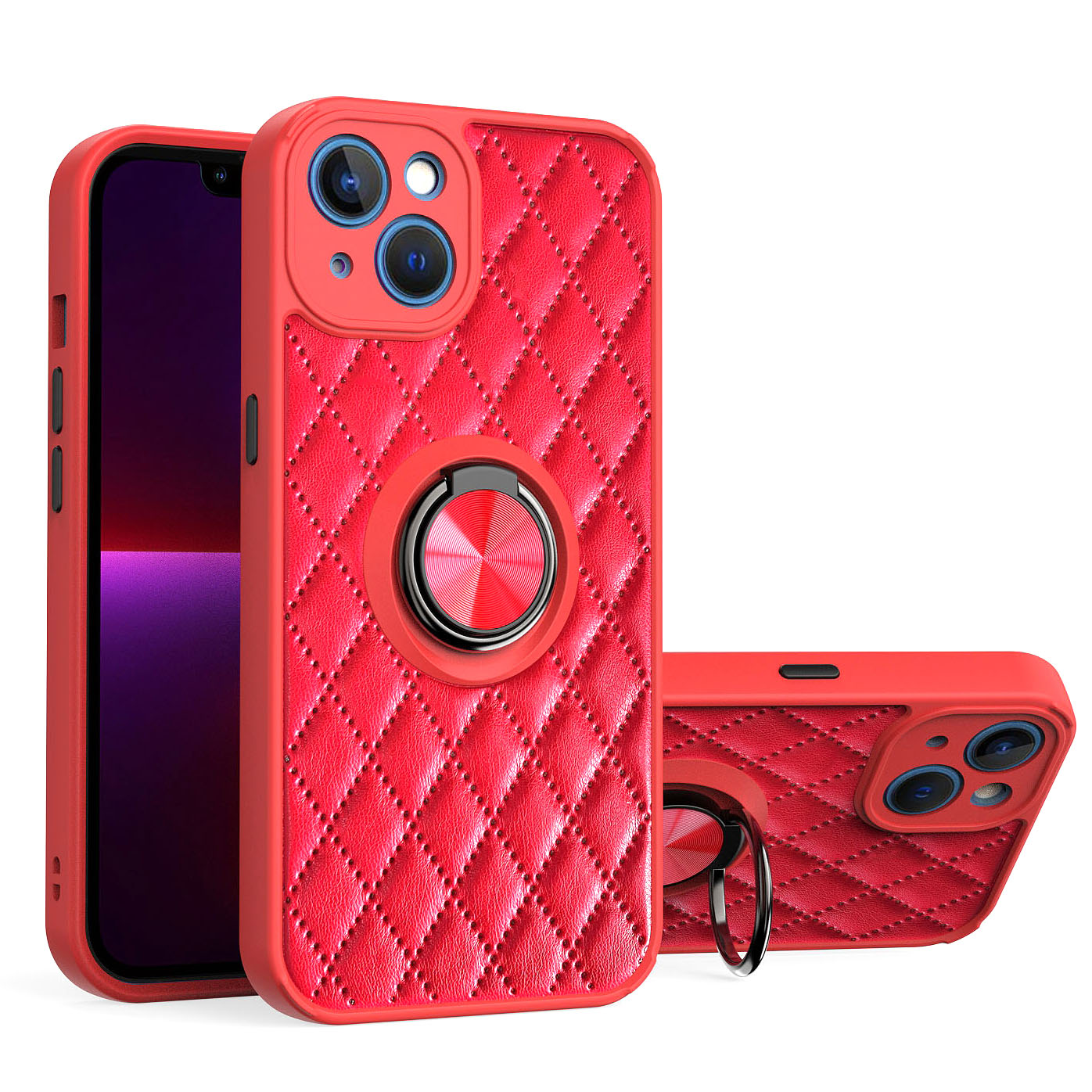 For iPhone 13 6.1 inch Rhombus Pattern Ring Kickstand Phone Case PU Leather Coated TPU Cover - Red, iPhone 13
For iPhone 13 6.1 inch Rhombus Pattern Ring Kickstand Phone Case PU Leather Coated TPU Cover - Red, iPhone 13