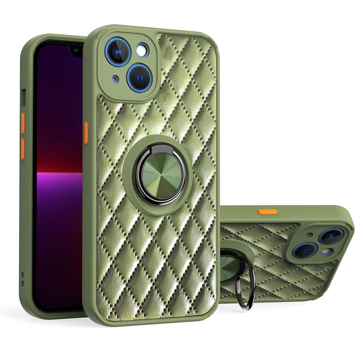 For iPhone 13 6.1 inch Rhombus Pattern Ring Kickstand Phone Case PU Leather Coated TPU Cover - Army Green, iPhone 13
For iPhone 13 6.1 inch Rhombus Pattern Ring Kickstand Phone Case PU Leather Coated TPU Cover - Army Green, iPhone 13