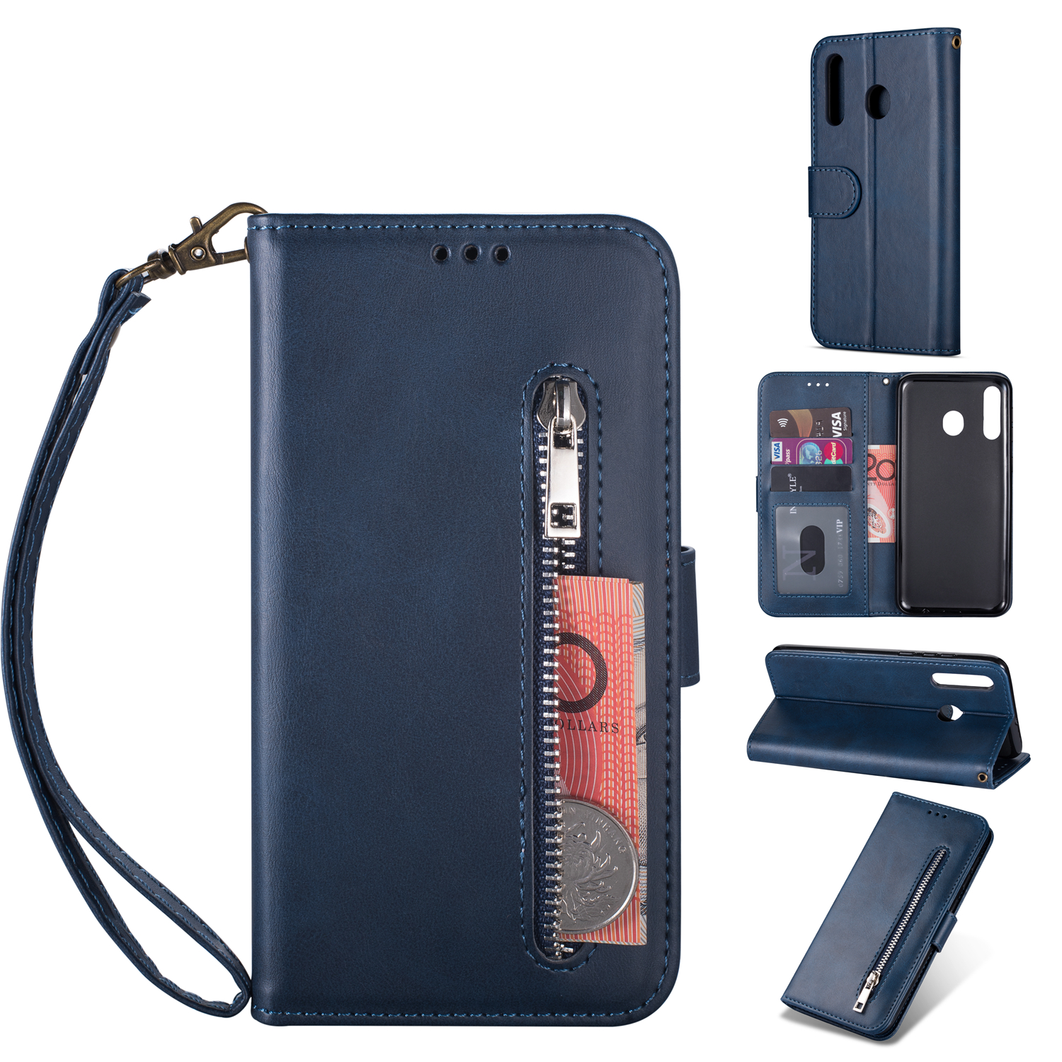 Zipper Wallet Flip Leather Phone Cover with Strap for Samsung Galaxy A20e - Dark Blue, Galaxy A20e
Zipper Wallet Flip Leather Phone Cover with Strap for Samsung Galaxy A20e - Dark Blue, Galaxy A20e
