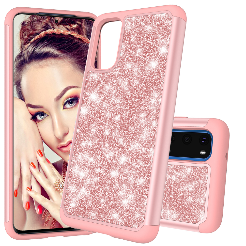 Glitter Powder Hybrid PC TPU Shockproof Case Phone Shell for Samsung Galaxy S20 - Rose Gold, Galaxy S20