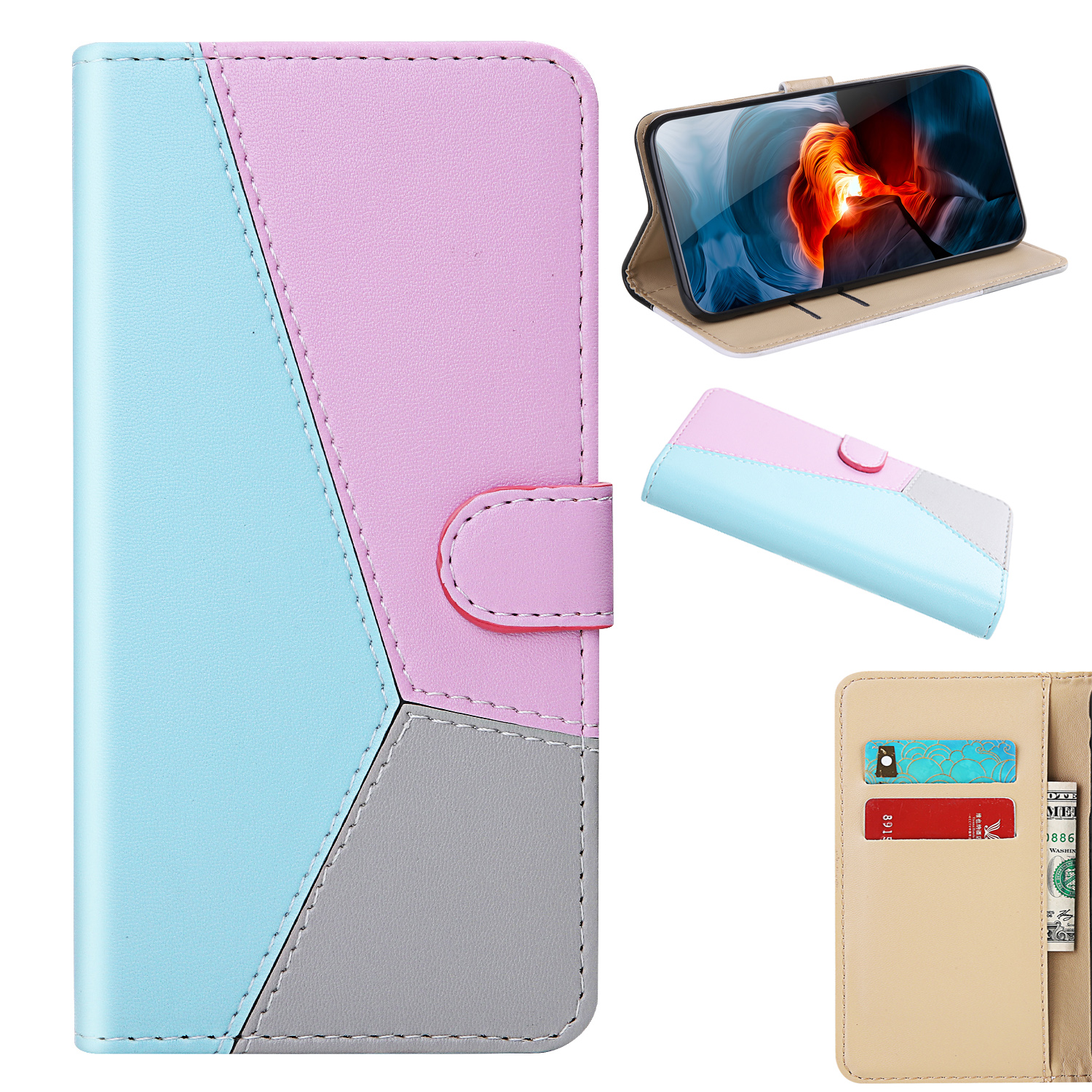 Three-color Splicing PU Leather Cover Wallet Shell for Samsung Galaxy A51 - Blue/Purple/Grey, Galaxy A51 4G
Three-color Splicing PU Leather Cover Wallet Shell for Samsung Galaxy A51 - Blue/Purple/Grey, Galaxy A51 4G