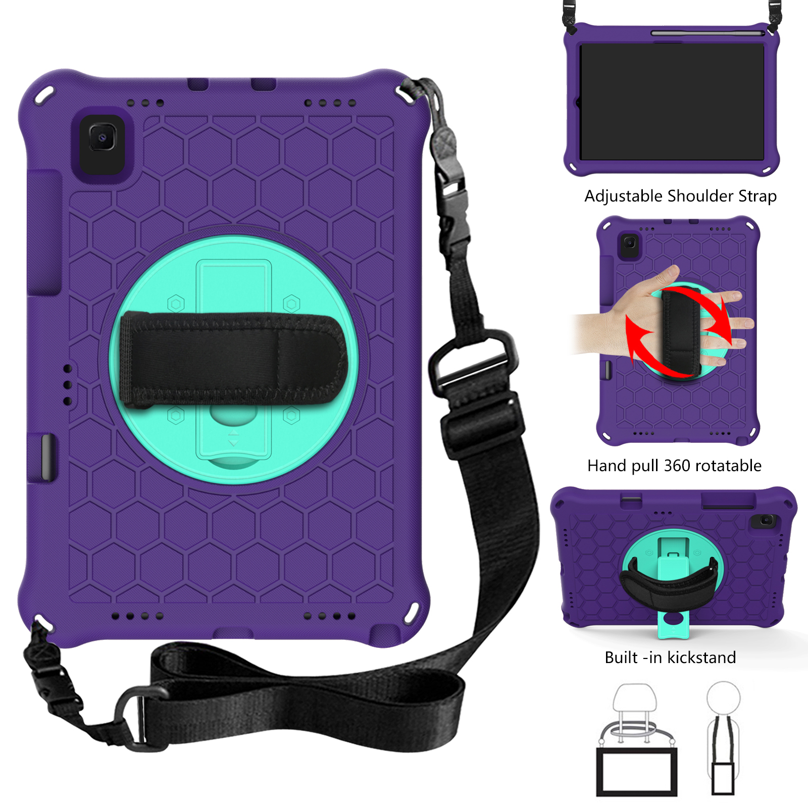 360 Degree Swivel Kickstand Shoulder Strap Tablet Cover Case with Honeycomb Texture for Samsung Galaxy Tab S5e T720/T725 - Purple/Cyan, Galaxy Tab S5e SM-T720
360 Degree Swivel Kickstand Shoulder Strap Tablet Cover Case with Honeycomb Texture for Samsung Galaxy Tab S5e T720/T725 - Purple/Cyan, Galaxy Tab S5e SM-T720