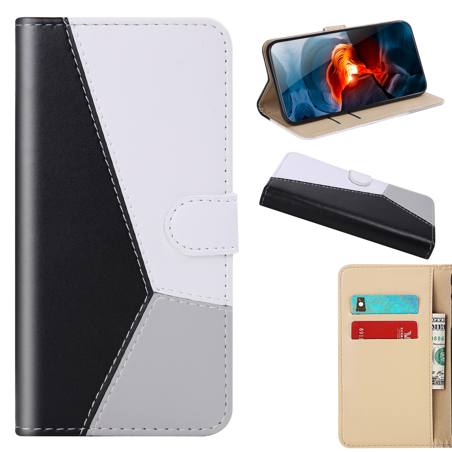 Three-color Splicing Stand for Samsung Galaxy S21 Ultra 5G PU Leather Wallet Phone Shell - Black/White/Grey, Galaxy S21 Ultra 5G
Three-color Splicing Stand for Samsung Galaxy S21 Ultra 5G PU Leather Wallet Phone Shell - Black/White/Grey, Galaxy S21 Ultra 5G