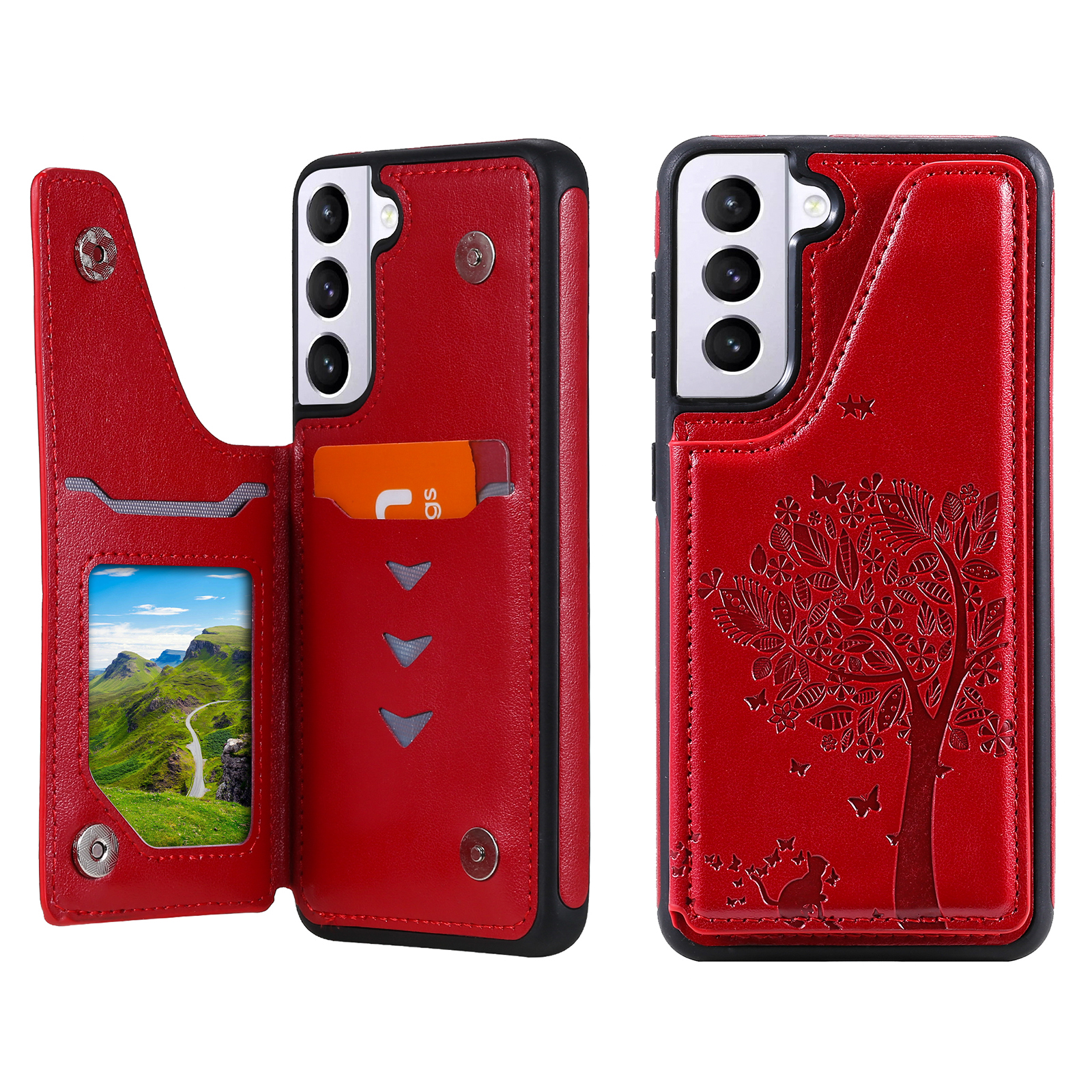 R61 Imprinted Cat Tree Pattern Leather Coated Kickstand Phone Case Shell with Card Slot for Samsung Galaxy S21 5G/4G - Red, Galaxy S21 5G
R61 Imprinted Cat Tree Pattern Leather Coated Kickstand Phone Case Shell with Card Slot for Samsung Galaxy S21 5G/4G - Red, Galaxy S21 5G