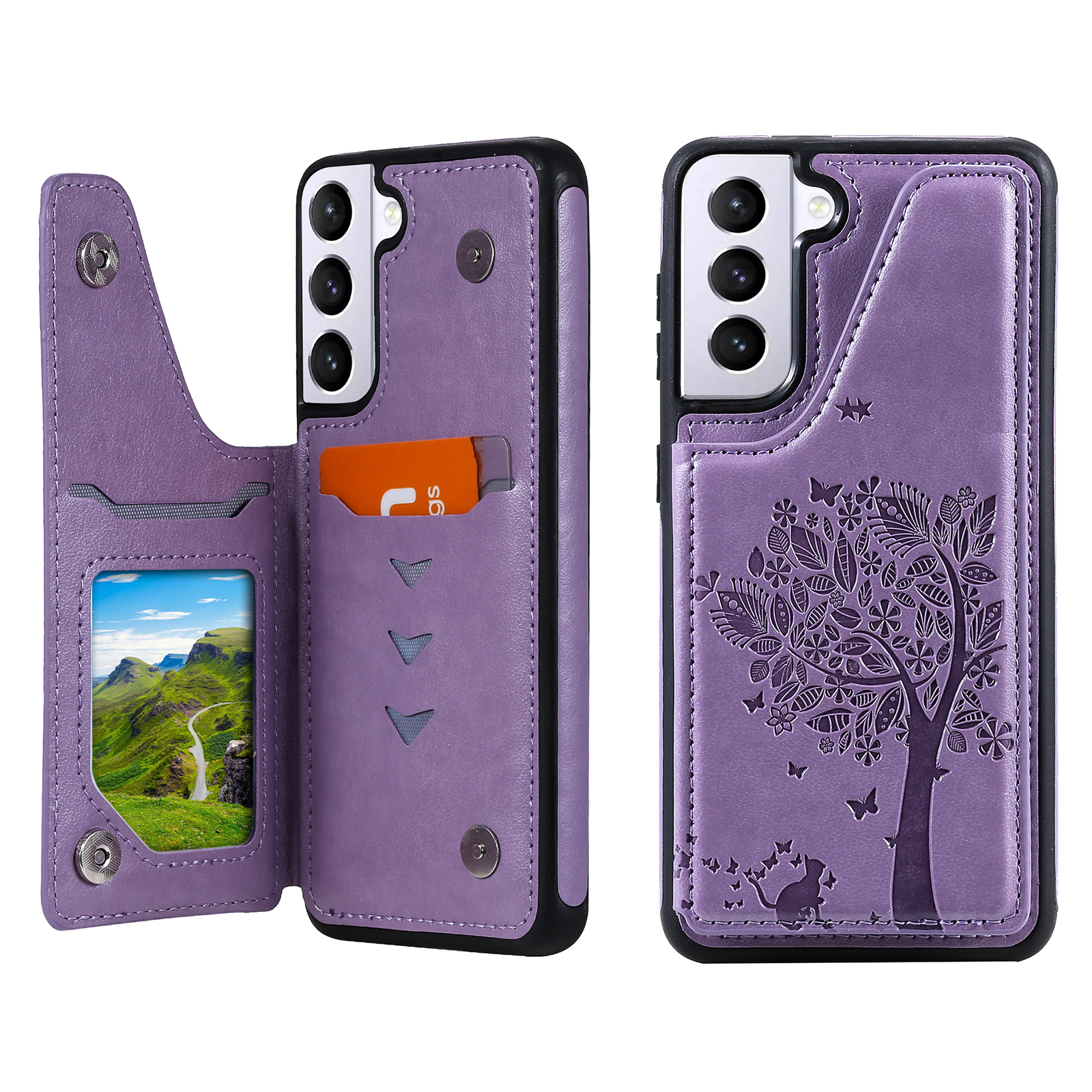 R61 Imprinted Cat Tree Pattern Leather Coated Kickstand Phone Case Shell with Card Slot for Samsung Galaxy S21 5G/4G - Purple, Galaxy S21 5G
R61 Imprinted Cat Tree Pattern Leather Coated Kickstand Phone Case Shell with Card Slot for Samsung Galaxy S21 5G/4G - Purple, Galaxy S21 5G