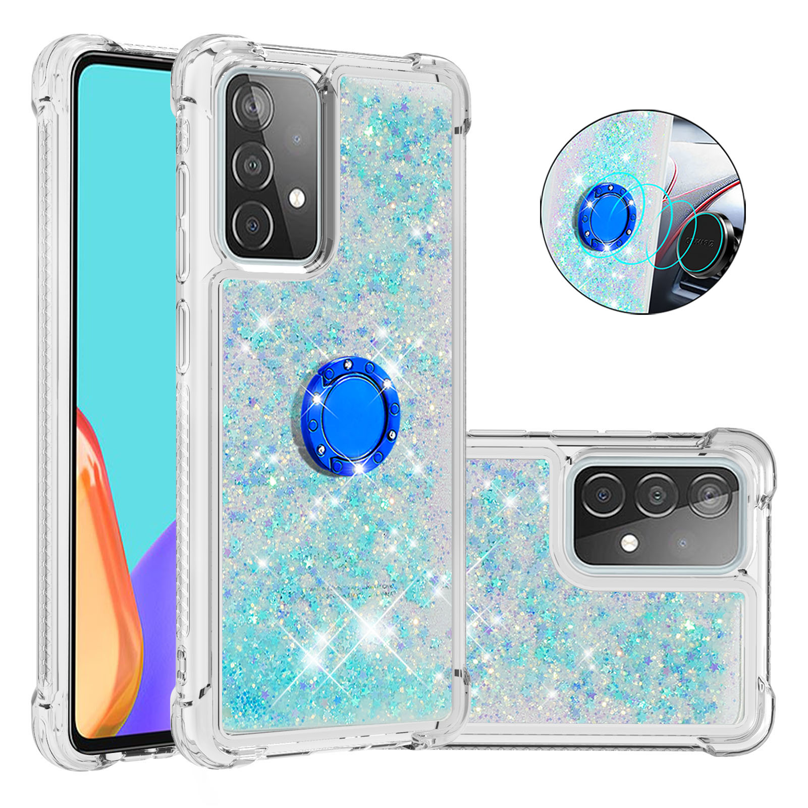 Quicksand Glitter Flowing Liquid Phone Case Rotating Ring Holder Kickstand Design Drop-proof TPU Shell for Samsung Galaxy A52 4G/5G/A52s 5G - Silver Blue Stars, Galaxy A52 5G
Quicksand Glitter Flowing Liquid Phone Case Rotating Ring Holder Kickstand Design Drop-proof TPU Shell for Samsung Galaxy A52 4G/5G/A52s 5G - Silver Blue Stars, Galaxy A52 5G