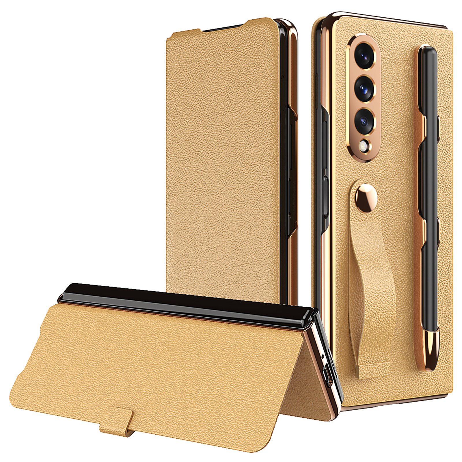 Litchi Texture PU Leather + PC Case Hand Band Stand Design Automatic Magnetic Cover with Pen Slot for Samsung Galaxy Z Fold3 5G - Gold, Galaxy Z Fold3 5G
Litchi Texture PU Leather + PC Case Hand Band Stand Design Automatic Magnetic Cover with Pen Slot for Samsung Galaxy Z Fold3 5G - Gold, Galaxy Z Fold3 5G