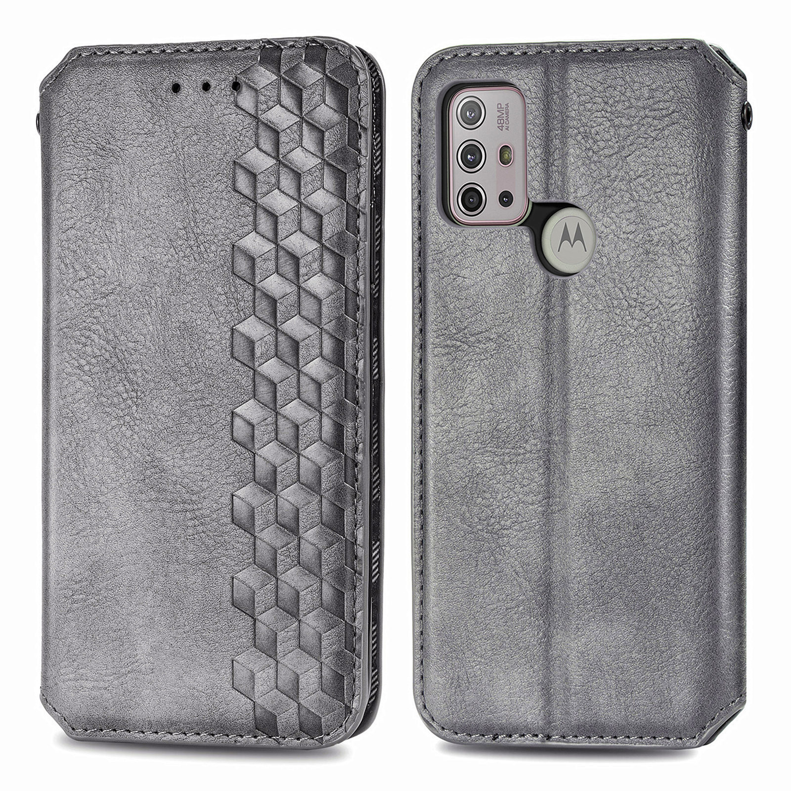 Wallet Stand Design Rhombus Impressum Auto Absorbiert PU Ledertasche Für Motorola Moto G30 - Grau, Motorola Moto G30 
Wallet Stand Design Rhombus Impressum Auto Absorbiert PU Ledertasche Für Motorola Moto G30 - Grau, Motorola Moto G30