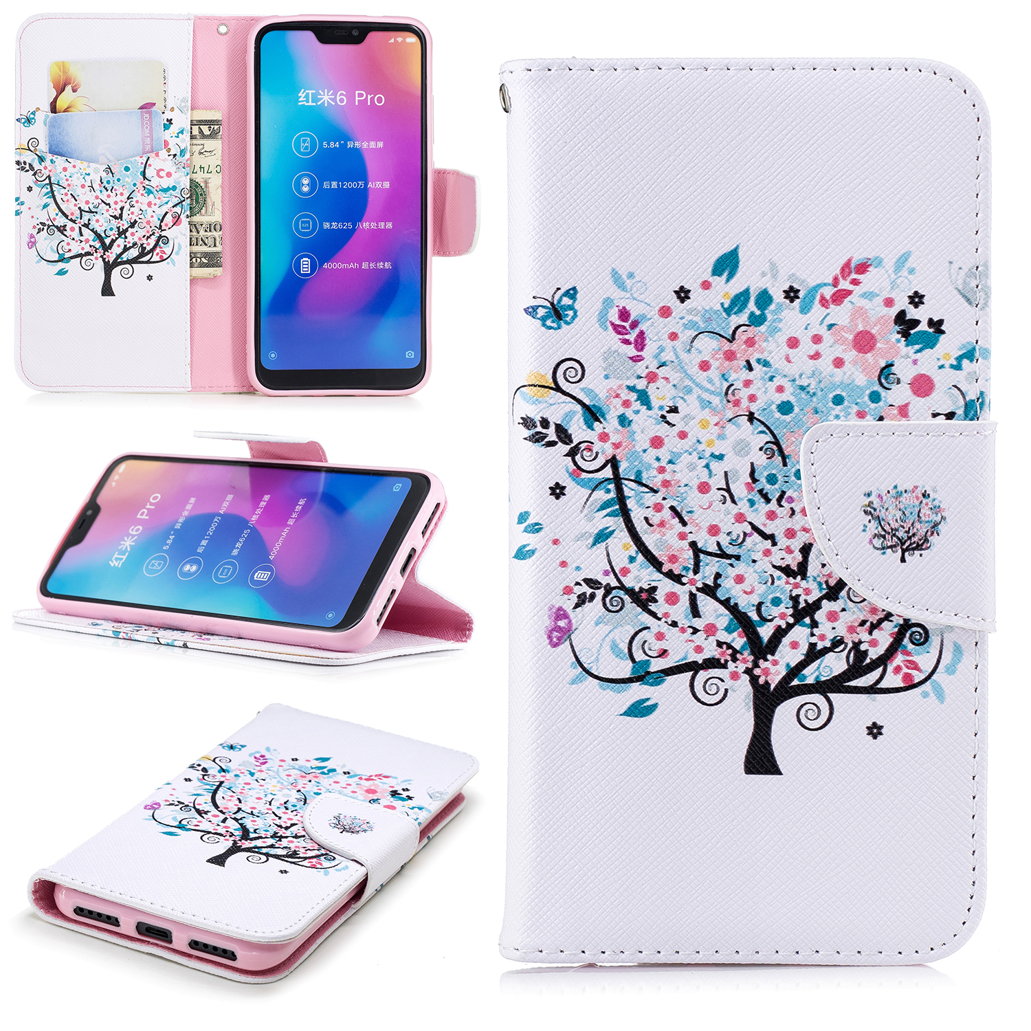 Pattern Printing Wallet Stand Leather Phone Accessory Cover for Xiaomi Mi A2 Lite / Redmi 6 Pro - Tree with Flower, Xiaomi Mi A2 Lite
Pattern Printing Wallet Stand Leather Phone Accessory Cover for Xiaomi Mi A2 Lite / Redmi 6 Pro - Tree with Flower, Xiaomi Mi A2 Lite