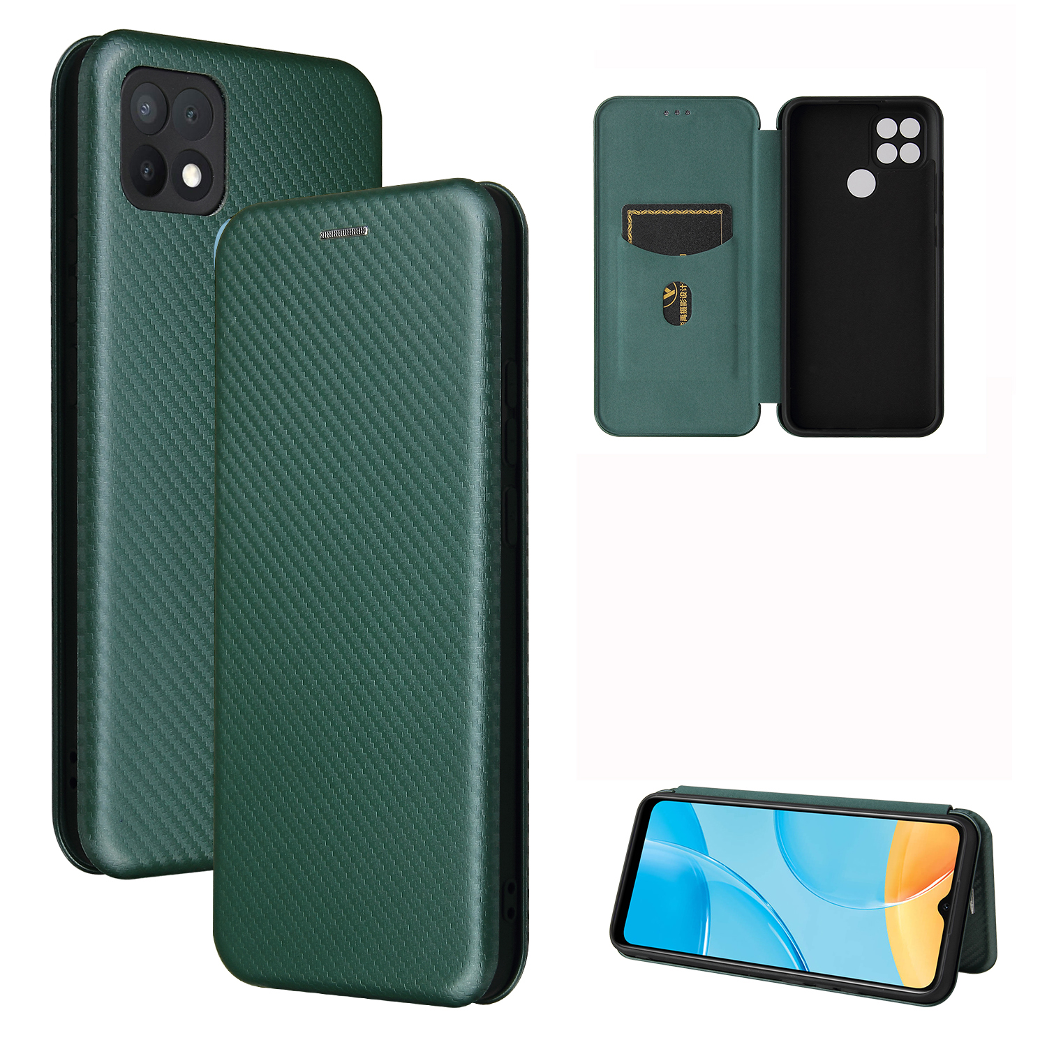 Kohlefaser Textur Automatisch Absorbiertes Lederschutz Für Oppo A15 Stand Shell - Grün, OPPO A15