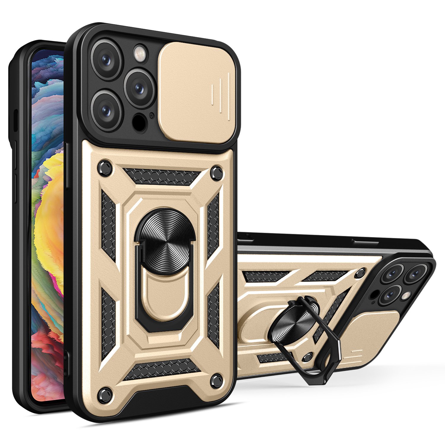 For iPhone 14 Pro Max 6.7 inch Anti-fingerprint Phone Shell Slide Camera Protection PC + TPU Ring Kickstand Anti-scratch Phone Cover Case - Gold, iPhone 14 Pro Max
For iPhone 14 Pro Max 6.7 inch Anti-fingerprint Phone Shell Slide Camera Protection PC + TPU Ring Kickstand Anti-scratch Phone Cover Case - Gold, iPhone 14 Pro Max
