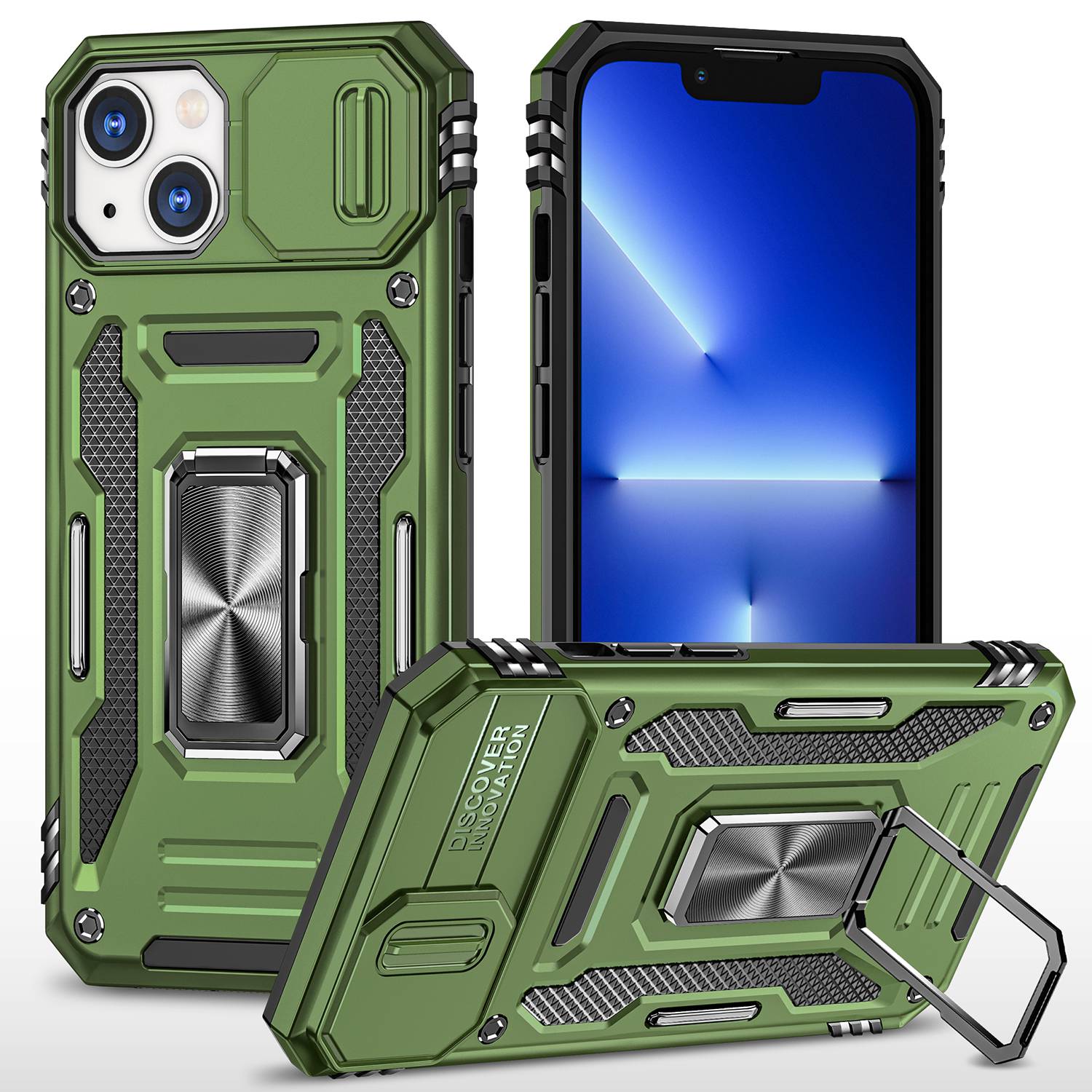 For iPhone 14 6.1 inch Ring Kickstand Cell Phone Protector Slide Camera Cover Anti-fingerprint PC + TPU Phone Case - Olive Green, iPhone 14
For iPhone 14 6.1 inch Ring Kickstand Cell Phone Protector Slide Camera Cover Anti-fingerprint PC + TPU Phone Case - Olive Green, iPhone 14