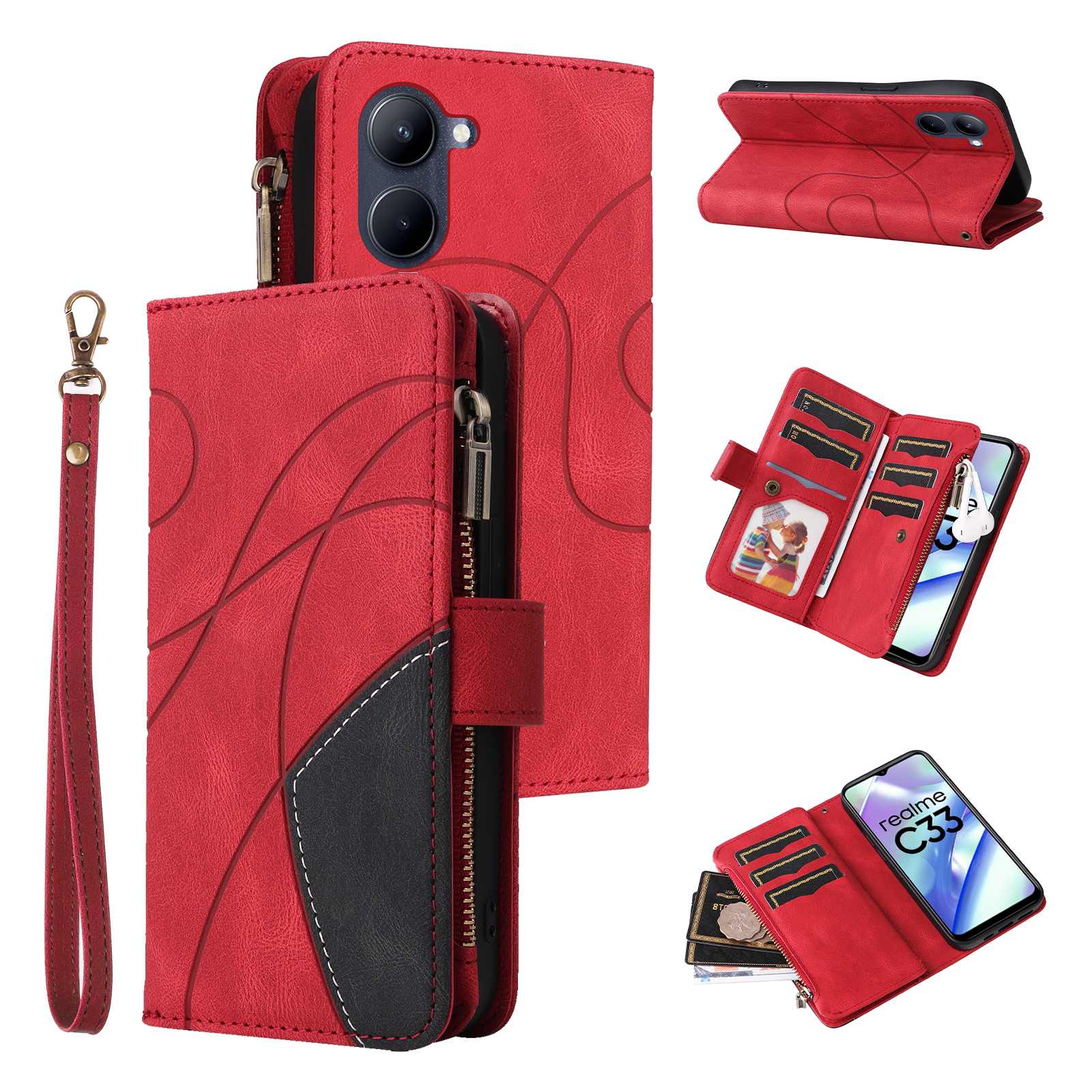 KT Multi-funktion Serie-5 Für Realme C33 4G PU Leder Reißverschluss 9 Kartenhalter Telefon Hülle Farbspleißständer Brieftasche Flip Abdeckung - Rot, Realme C33 4G
KT Multi-funktion Serie-5 Für Realme C33 4G PU Leder Reißverschluss 9 Kartenhalter Telefon Hülle Farbspleißständer Brieftasche Flip Abdeckung - Rot, Realme C33 4G