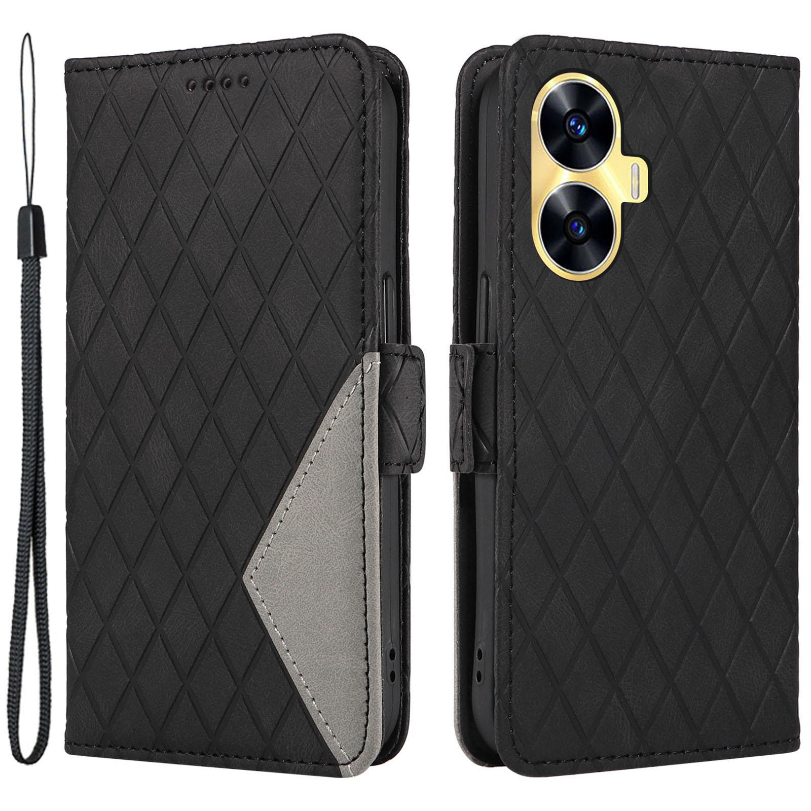 Für Realme C55 PU Leder Phone Hülle Farbspleißen Rhombus Eingeprägter Brieftaschenständer Mit Riemen - Schwarz, Realme C55
Für Realme C55 PU Leder Phone Hülle Farbspleißen Rhombus Eingeprägter Brieftaschenständer Mit Riemen - Schwarz, Realme C55