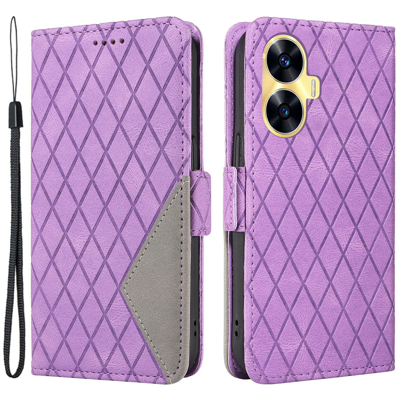 Für Realme C55 PU Leder Phone Hülle Farbspleißen Rhombus Eingeprägter Brieftaschenständer Mit Riemen - Lila, Realme C55
Für Realme C55 PU Leder Phone Hülle Farbspleißen Rhombus Eingeprägter Brieftaschenständer Mit Riemen - Lila, Realme C55