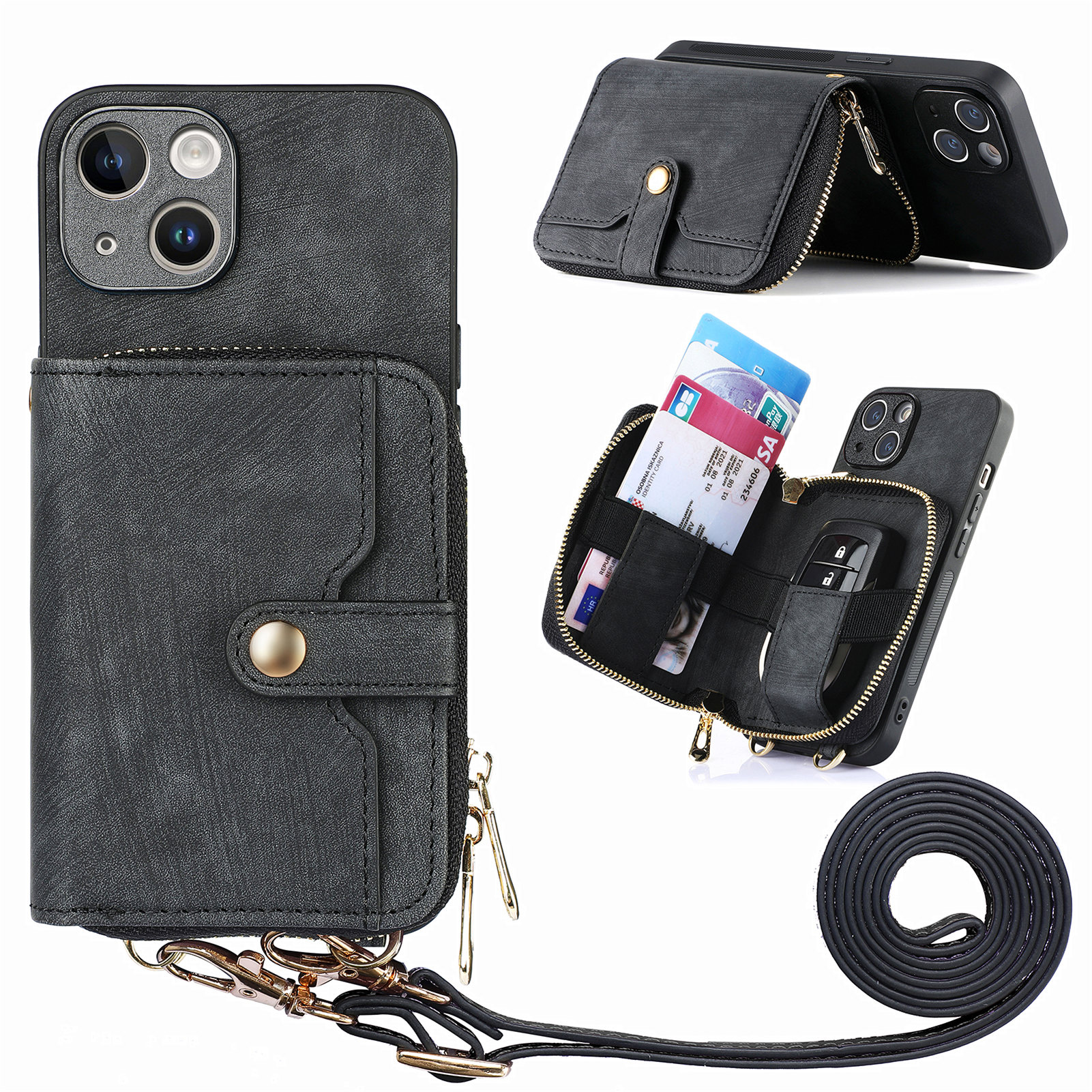 Zipper -brieftaschen -telefonabdeckung Für Iphone 15 Plus, Mit Leder Beschichtete PC+TPU -kickständer Mit Lanyard - Schwarz, iPhone 15 Plus
Zipper -brieftaschen -telefonabdeckung Für Iphone 15 Plus, Mit Leder Beschichtete PC+TPU -kickständer Mit Lanyard - Schwarz, iPhone 15 Plus