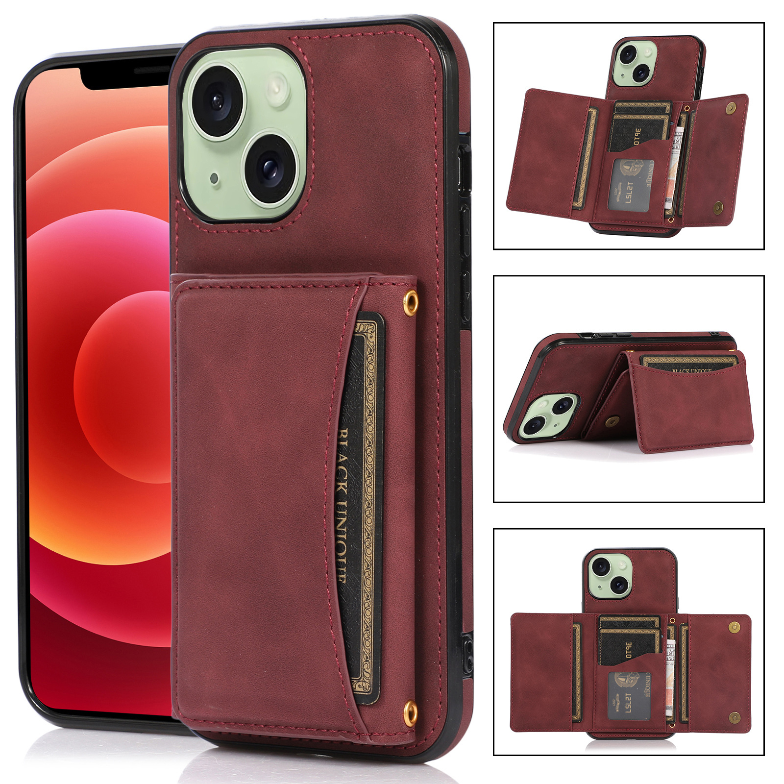 Kickstand Wallet Phone Hülle Für Iphone 15, Anti-scratch-pu-leder-beschichtete Tpu-rückseite - Weinrot, iPhone 15
Kickstand Wallet Phone Hülle Für Iphone 15, Anti-scratch-pu-leder-beschichtete Tpu-rückseite - Weinrot, iPhone 15