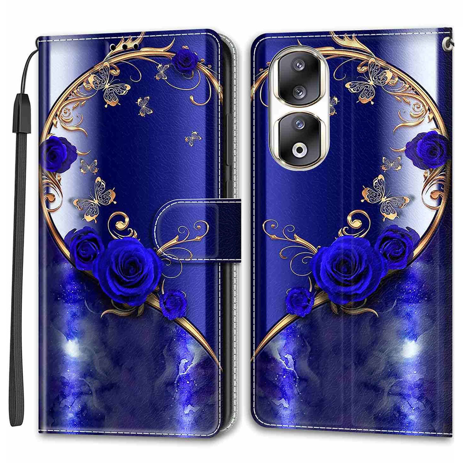 Für Honour 90 Pro Case PU Leder Muster Druckstand Cover - Blaue Rose / Goldener Schmetterling, Honor 90 Pro
Für Honour 90 Pro Case PU Leder Muster Druckstand Cover - Blaue Rose / Goldener Schmetterling, Honor 90 Pro