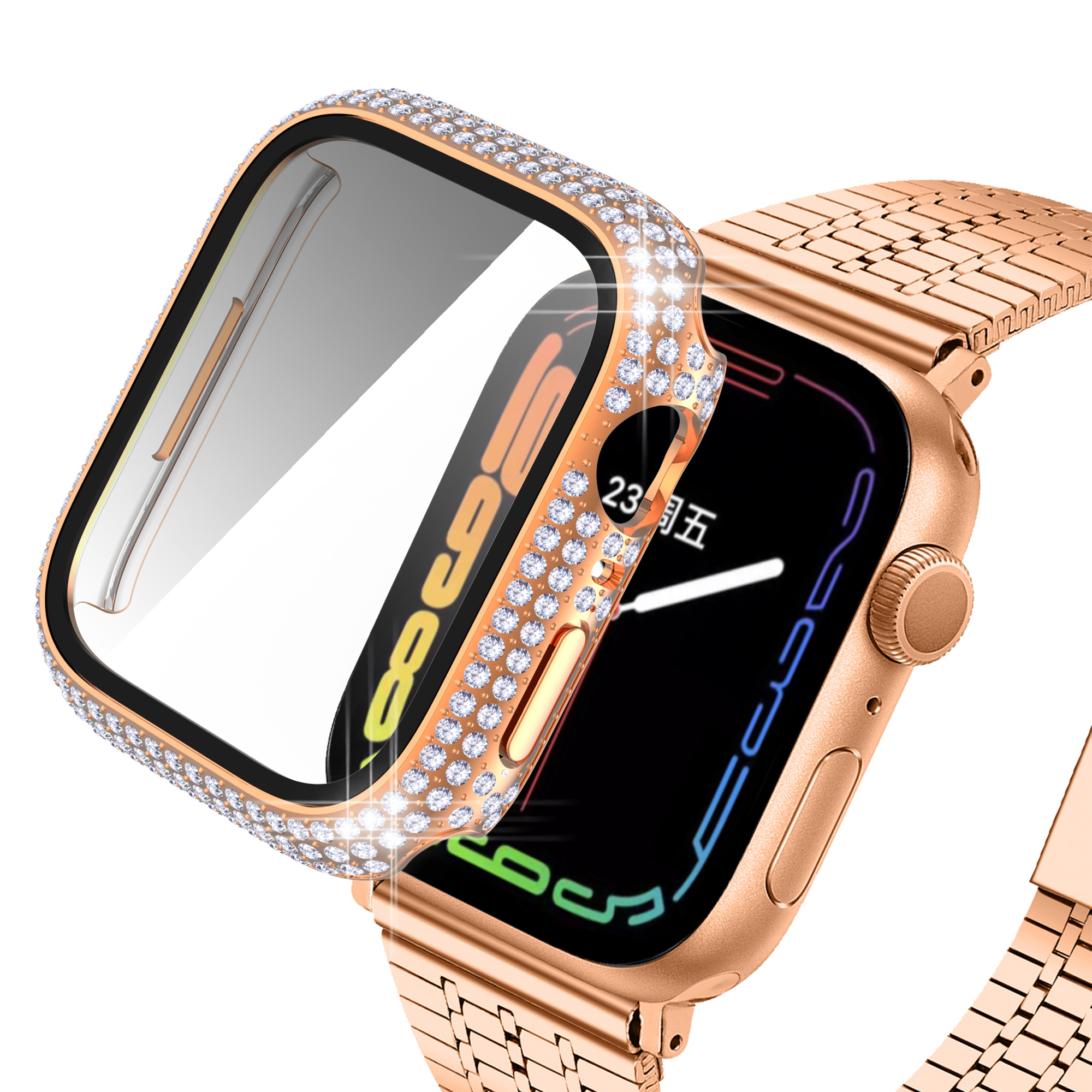 For Apple Watch Series 7 45mm / Series 8 45mm Fashionable Rhinestone Decorated PC Watch Case with Tempered Glass HD Screen Protector - Rose Gold, Apple Watch Series 8 45mm
For Apple Watch Series 7 45mm / Series 8 45mm Fashionable Rhinestone Decorated PC Watch Case with Tempered Glass HD Screen Protector - Rose Gold, Apple Watch Series 8 45mm