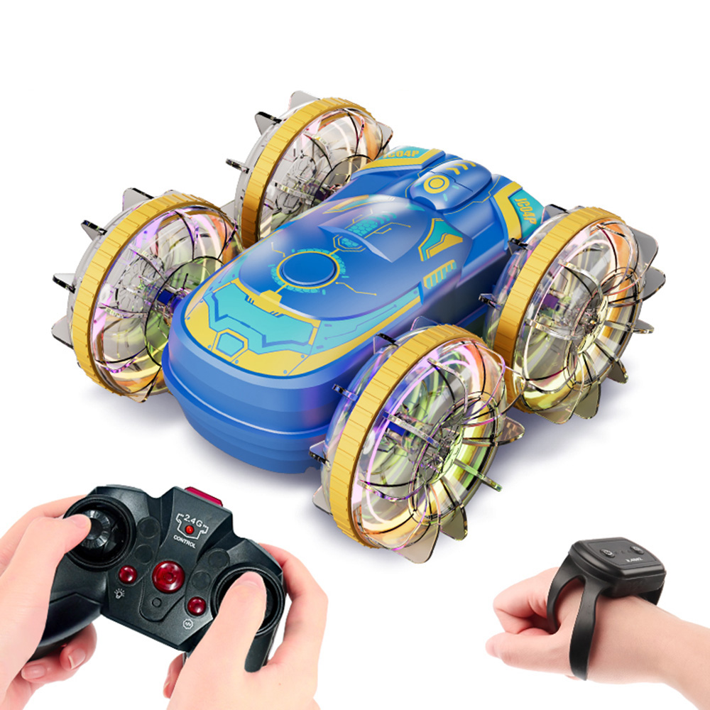 JC04P 2.4G Remote Control 4WD Amphibious Stunt Car Toy Gift with LED Lights, Dual Controller (CE / CPC / ASTM / EN71 Certified) - Blue