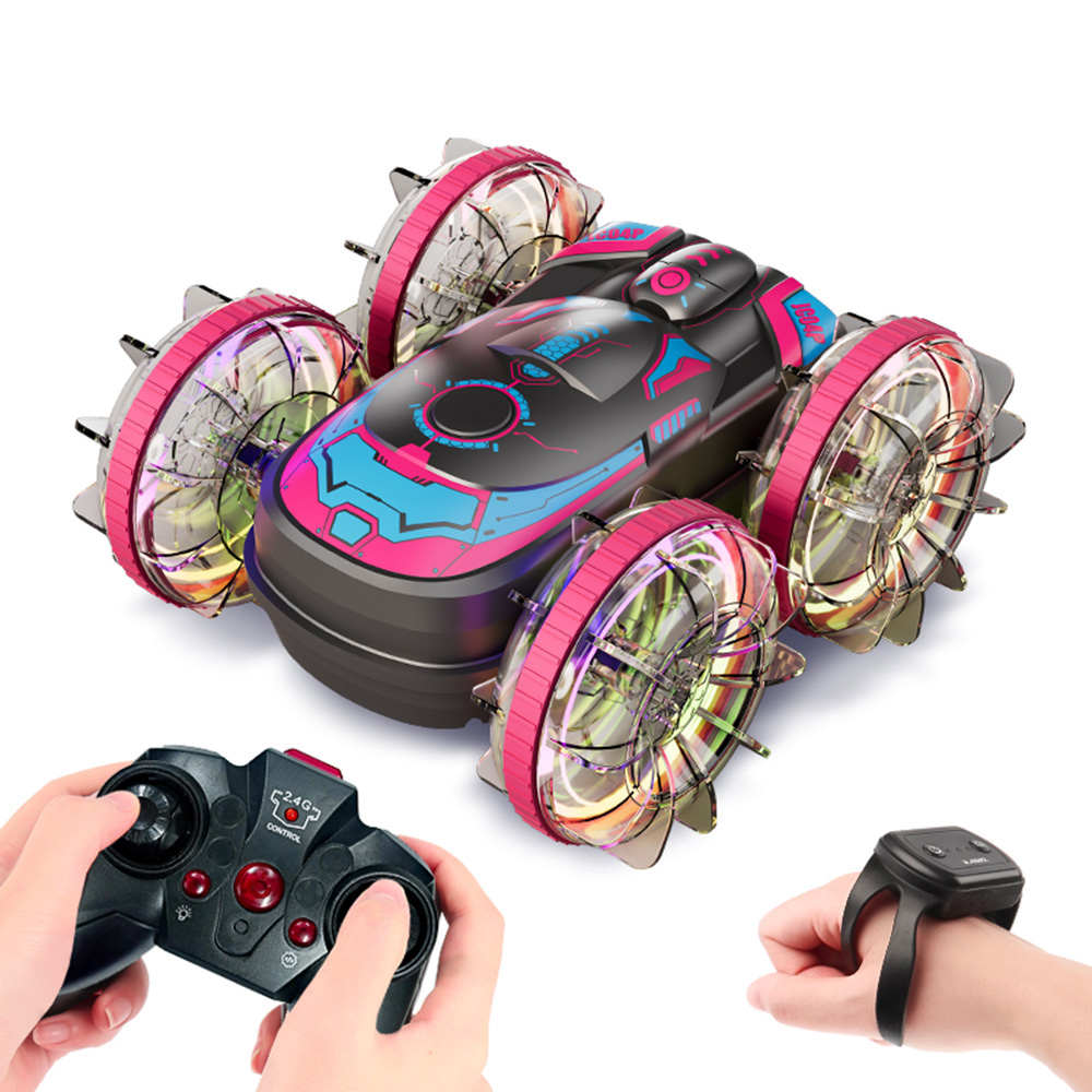 JC04P 2.4G Remote Control 4WD Amphibious Stunt Car Toy Gift with LED Lights, Dual Controller (CE / CPC / ASTM / EN71 Certified) - Black