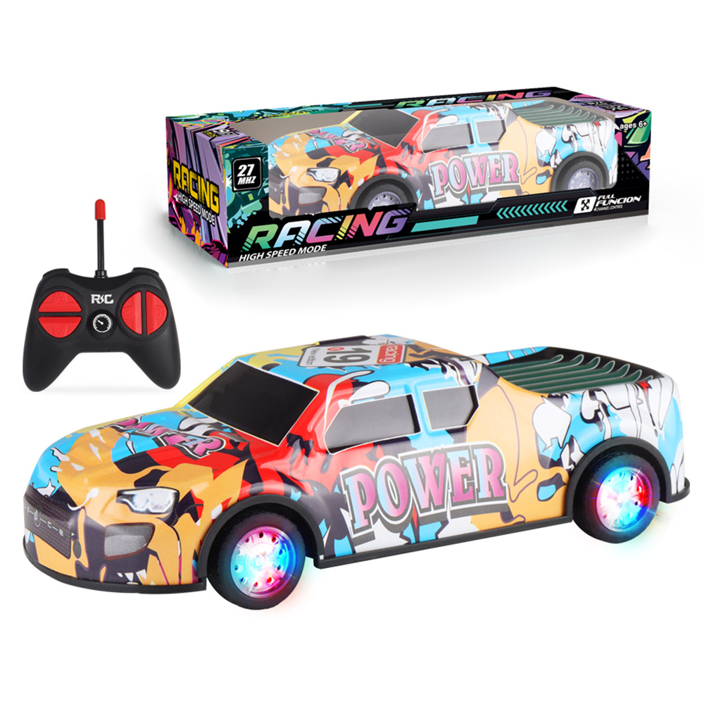 HDXX229 Electric RC Drift Race Car for Boys 4-Channel Graffiti Alloy Tin Light Vehicle Remote Control Toy Car - Yellow Blue Truck