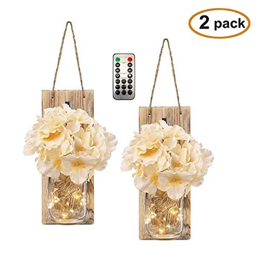 

Wooden Mason Canned Lantern Hanging LED Fairy String Light Artificial Flower Decor - Beige