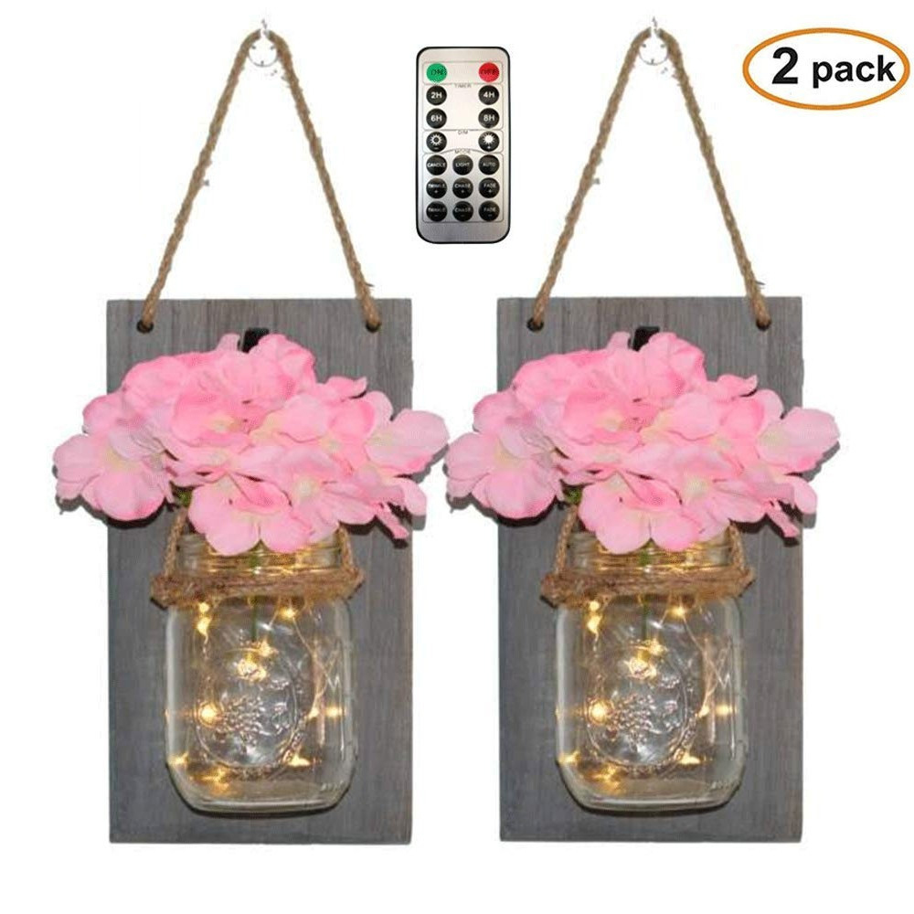 

Wooden Mason Canned Lantern Hanging LED Fairy String Light Artificial Flower Decor - Pink