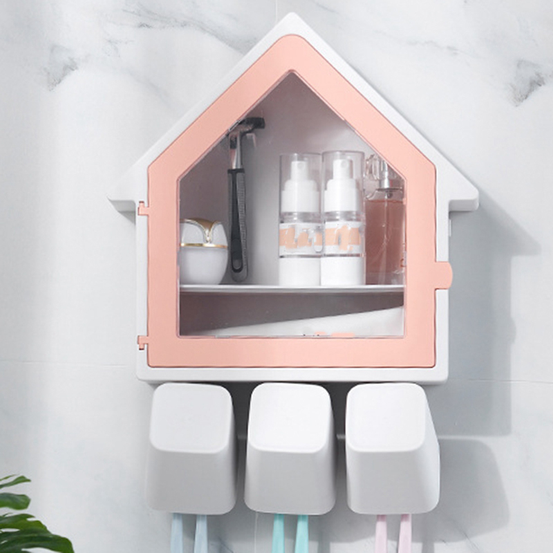 

Wall Mounted Creative Small House Double Layer Storage Rack Bathroom Wash Cup Sets - Pink