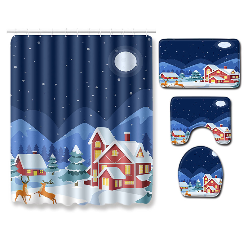 

4PCS/Set Christmas Shower Curtain Set Bath Mat Set Contour Rug Mat Toilet Cover - Style A008