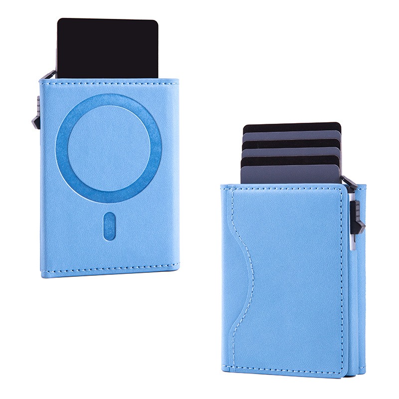 Magnetic Card Holder RFID Blocking PU Leather Wallet Phone Sleeve - Blue