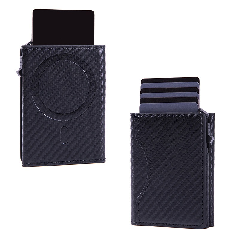 Magnetic Card Holder RFID Blocking PU Leather Wallet Phone Sleeve - Carbon Fiber Black