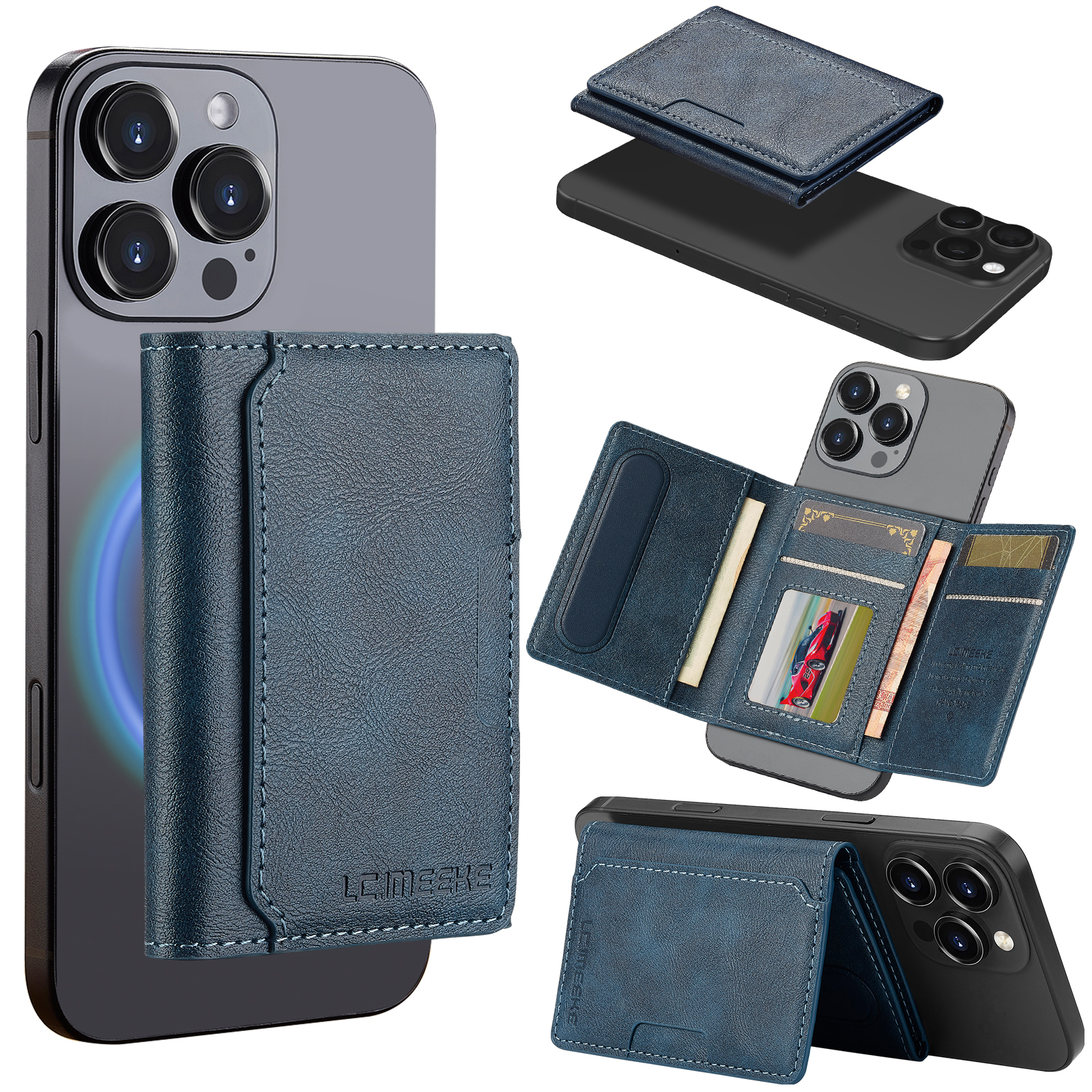 LC.IMEEKE Magnetic Card Holder Kickstand RFID Blocking PU Leather Phone Back Card Case - Blue