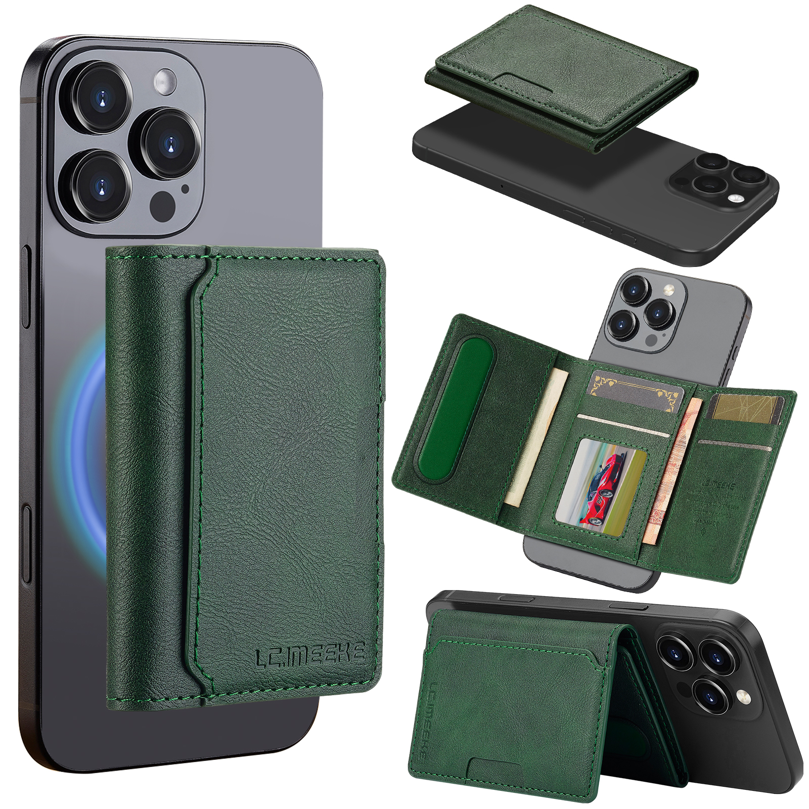 LC.IMEEKE Magnetic Card Holder Kickstand RFID Blocking PU Leather Phone Back Card Case - Green
