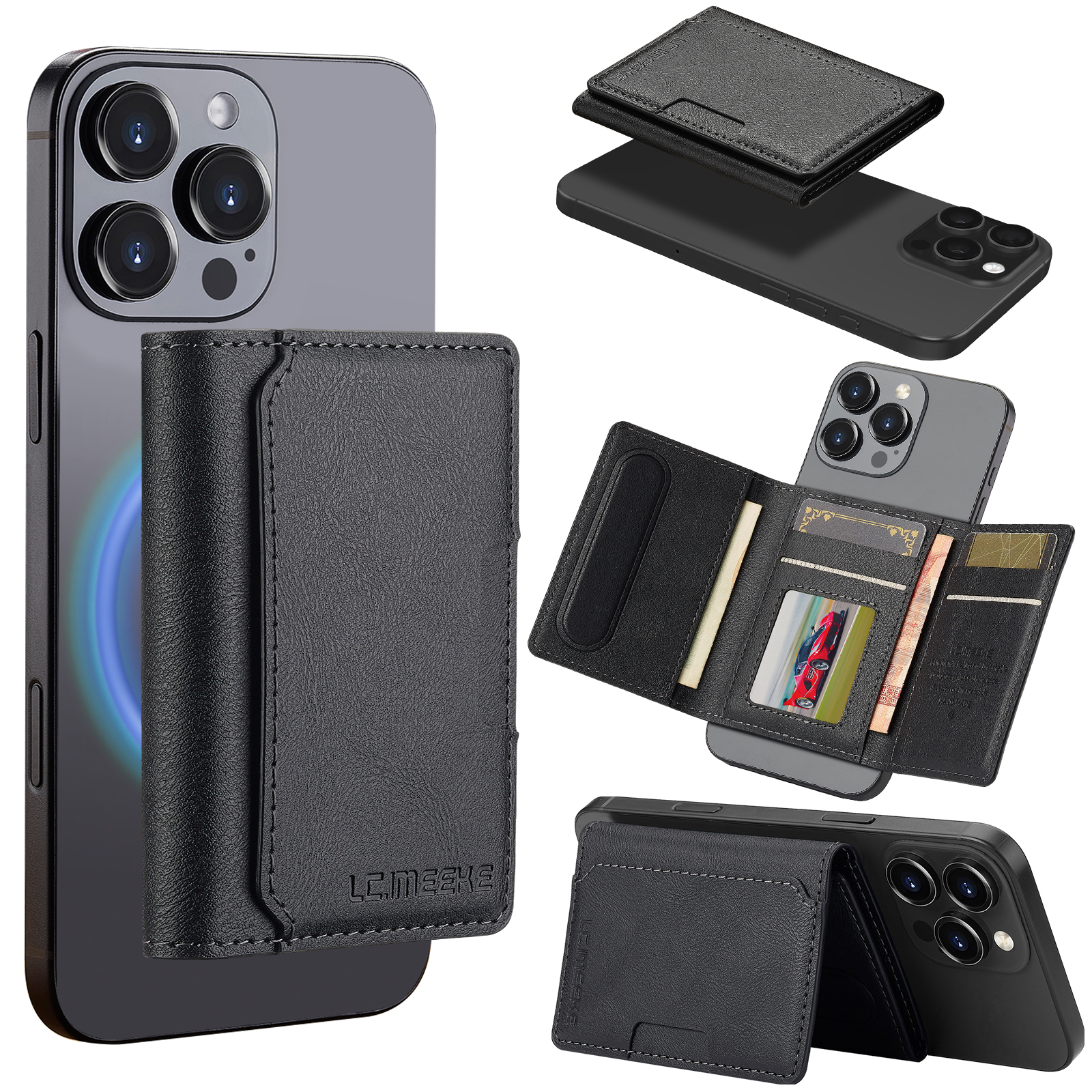 LC.IMEEKE Magnetic Card Holder Kickstand RFID Blocking PU Leather Phone Back Card Case - Black