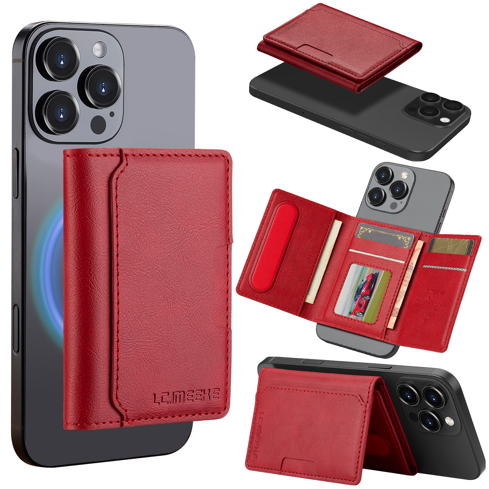 LC.IMEEKE Magnetic Card Holder Kickstand RFID Blocking PU Leather Phone Back Card Case - Red