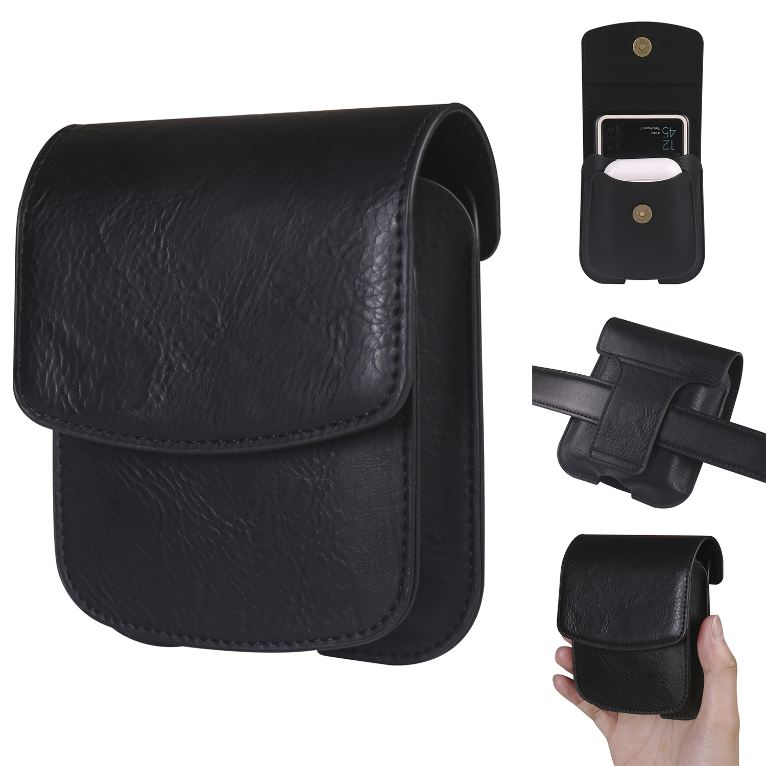 Dual Compartment PU Leather Waist Bag for Wireless Earbuds Folding Phones Carrying Pouch - Black