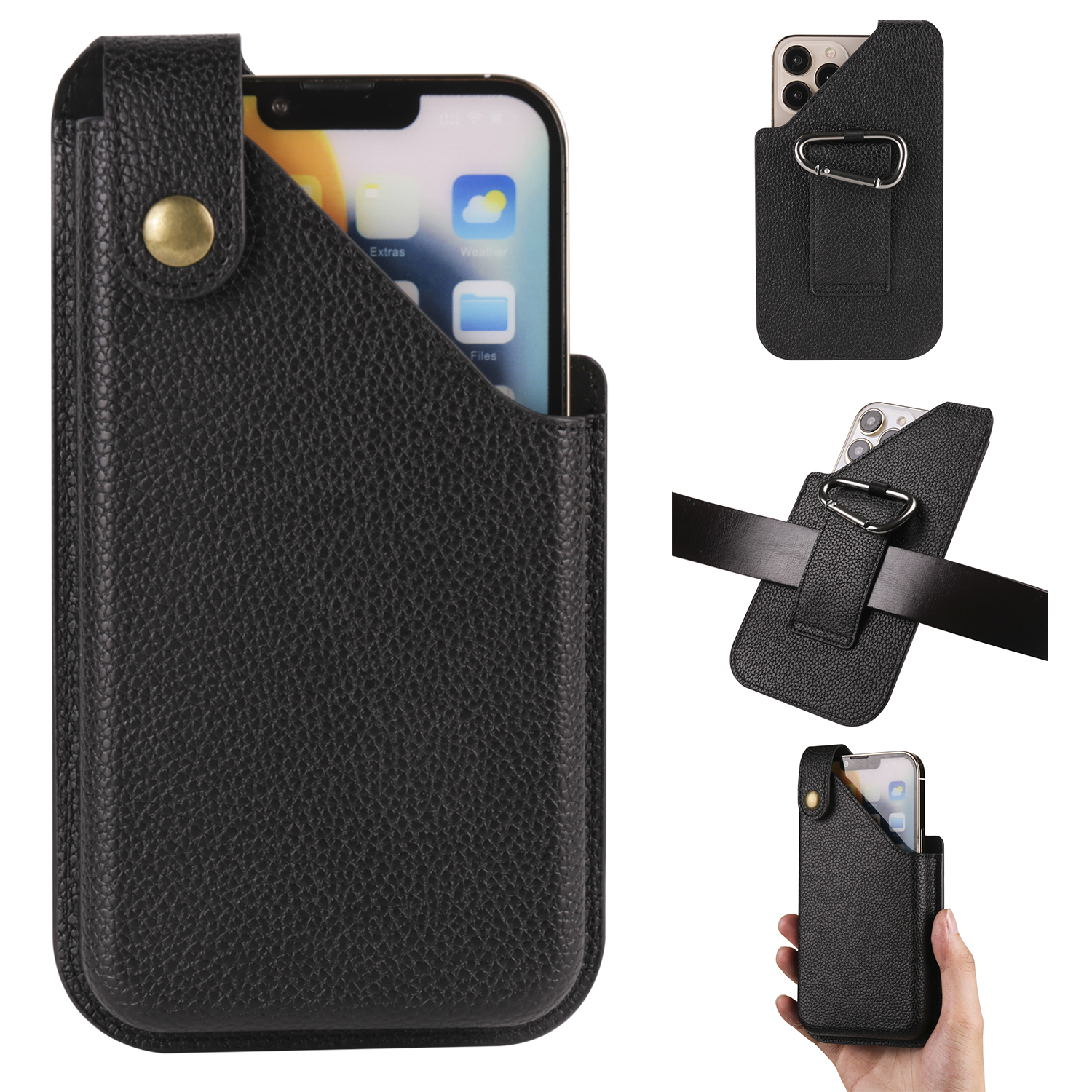 6.7 Inch Cellphone Carrying Pouch Litchi Texture PU Leather Vertical Waist Bag for Outdoor Travel - Black