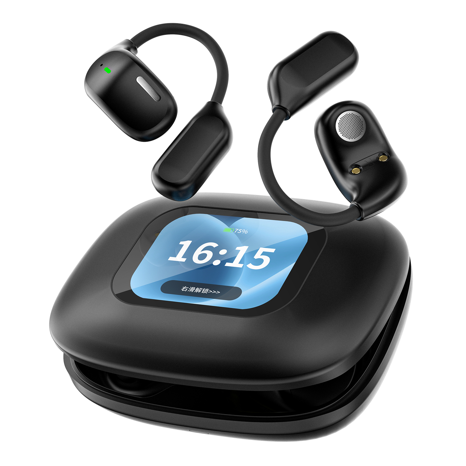 LX-80 Ear-hook Bluetooth-compatible Earbuds with Full Color Touch Screen Charging Case Noise Cancellation Sports Earbuds - Black