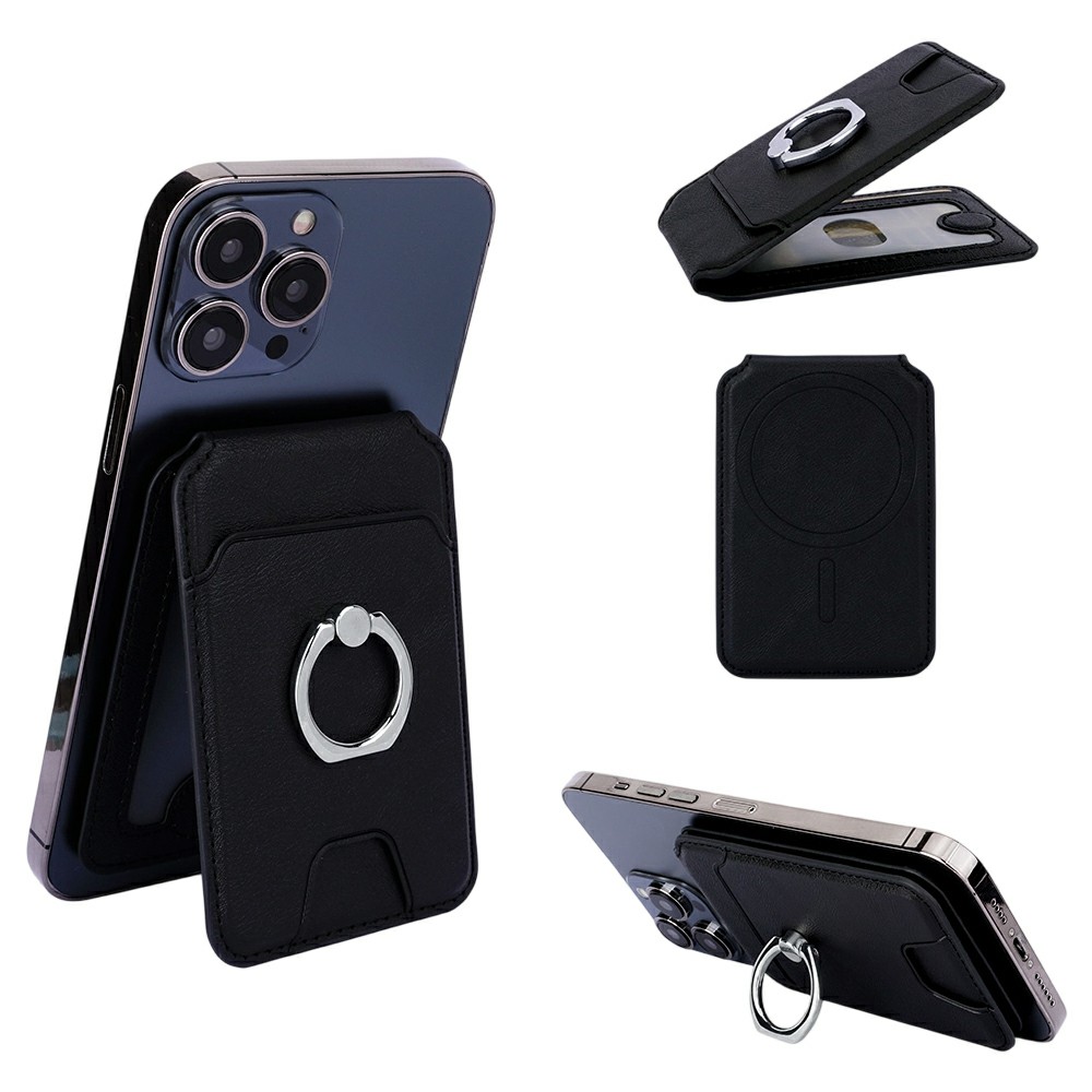 Rotary Phone Ring Holder Kickstand with Card Holder Cowhide Texture Leather Magnetic Card Slots - Black