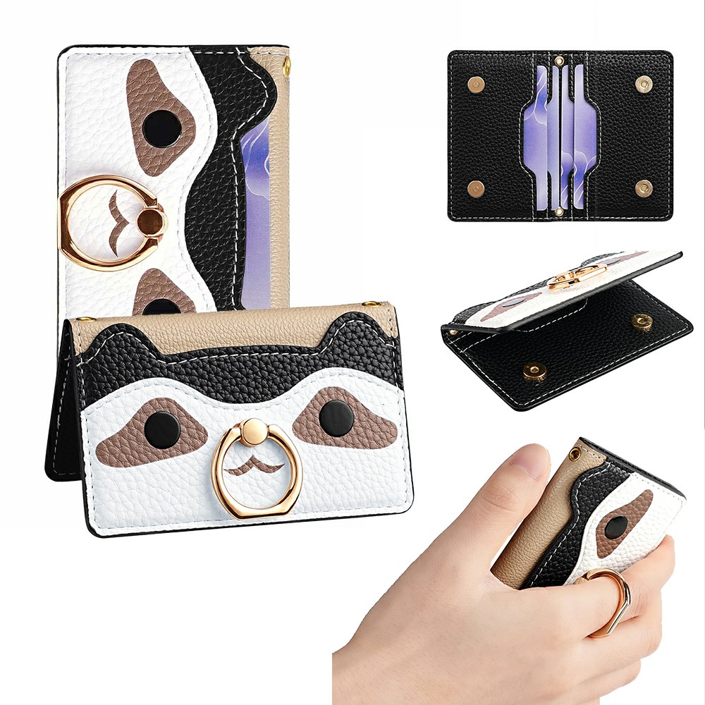 Raccoon Phone Card Holder Adhesive Leather Card Slot Ring Kickstand with 35cm Short Strap 70-140cm Long Strap - Black