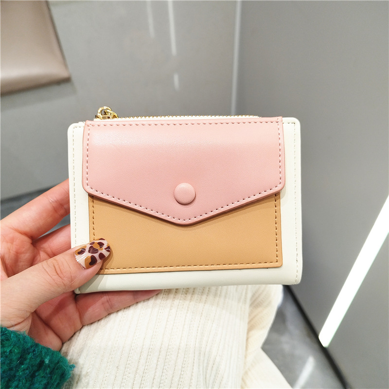 

Modefarbe Spleißen PU Leder Bi-gefalteter Kartenhalter Kurzer Brieftasche Bargeldtragestasche - Dunkelpink
